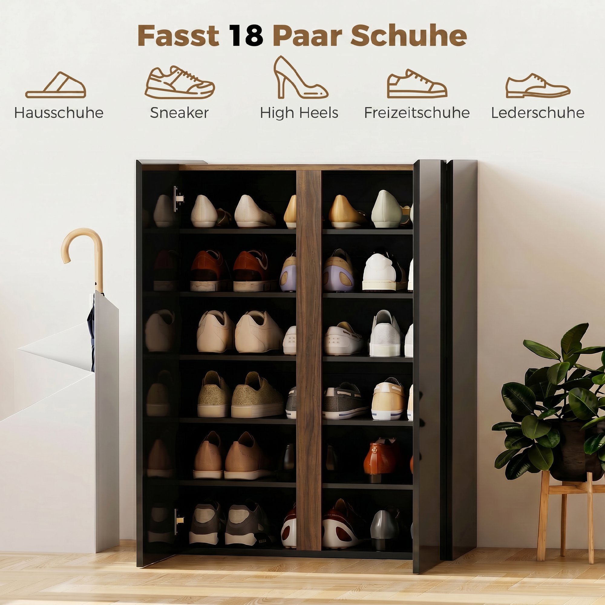 Schuhschrank mit leiser Sicherheitsöffnung, 6 Ebenen, grifflose Design, Hochglanz Schwarz