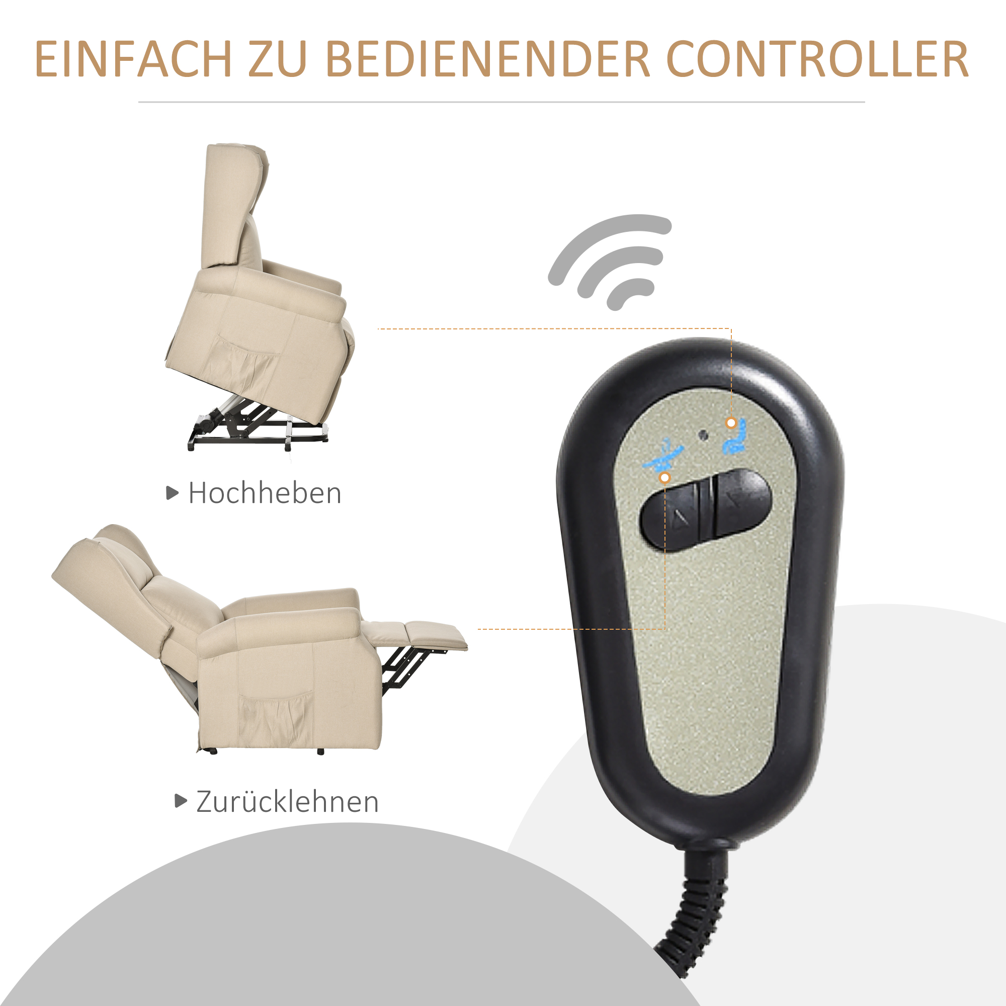 Relaxsessel mit Liegefunktion elektrisch, Seniorensessel mit Aufstehhilfe, , bis 200kg, 72,5x94x109cm, Creme