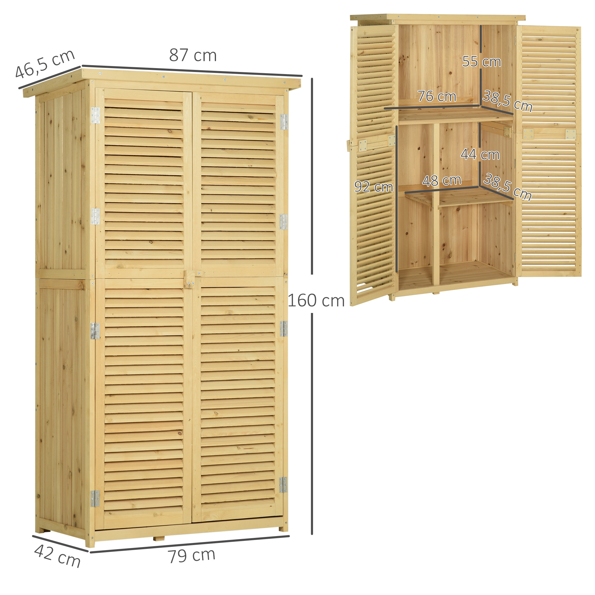 Gartenschrank Holz Geräteschuppen Gerätehaus mit Asphaltdach Lamellentür Geräteschrank Schuppen Garten 4 Fächer Naturholz 87 x 46,5 x 160 cm