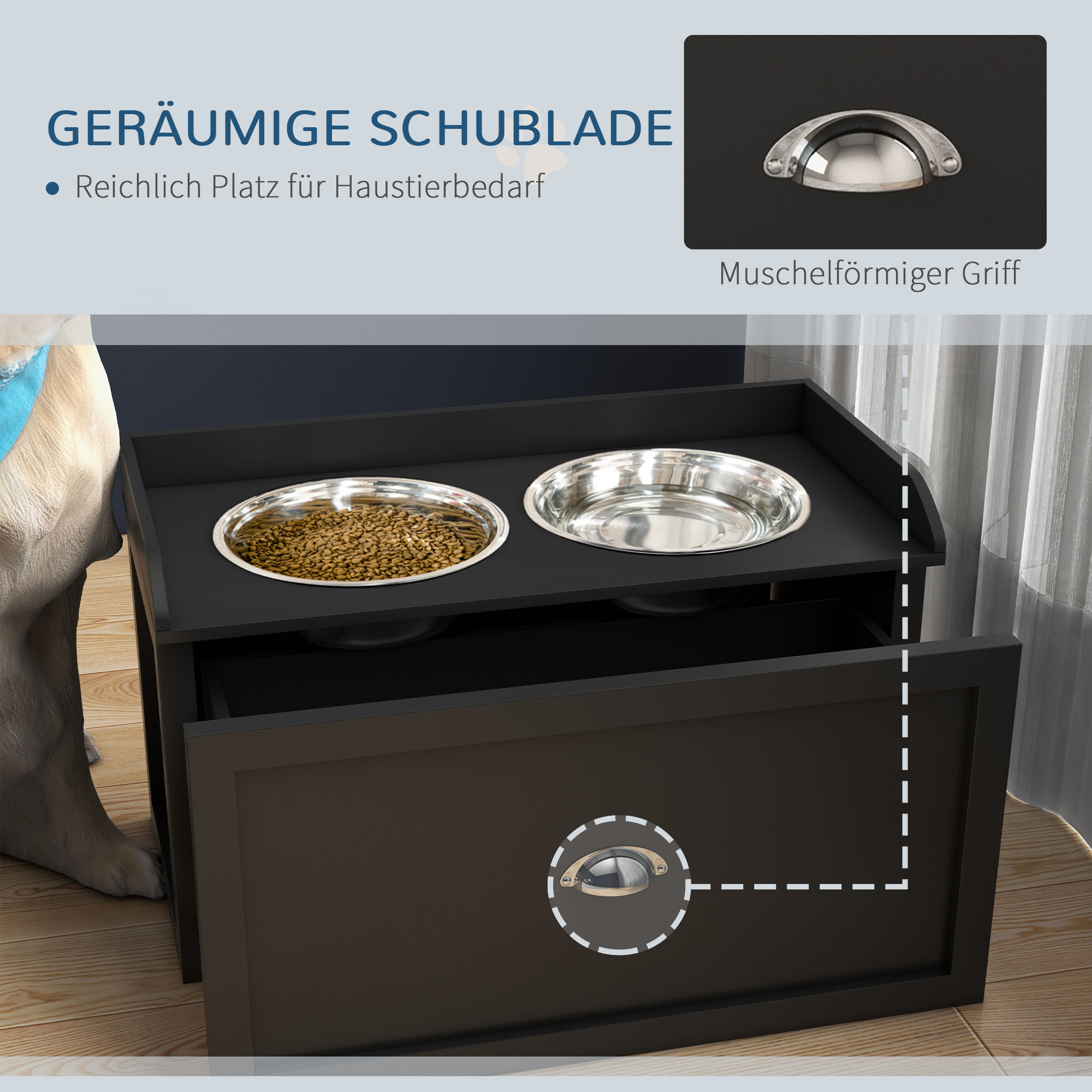 Futterstation, 2 Fressnäpfe je 2 Liter, Edelstahl, mit Schublade, für große Hunde, schwarz+silber, 60 x 30 x 36 cm