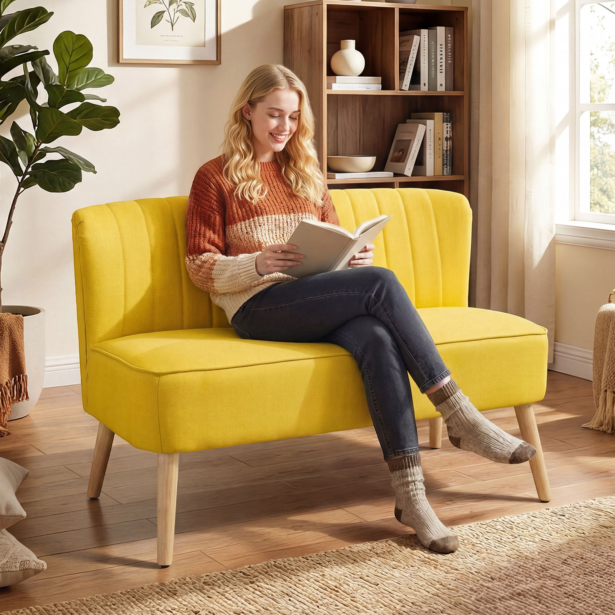 2-Sitzer Sofa, weiche Polsterung, pflegeleichter Bezug, bis 220 kg, 117 x 56,5 x 77 cm, Gelb