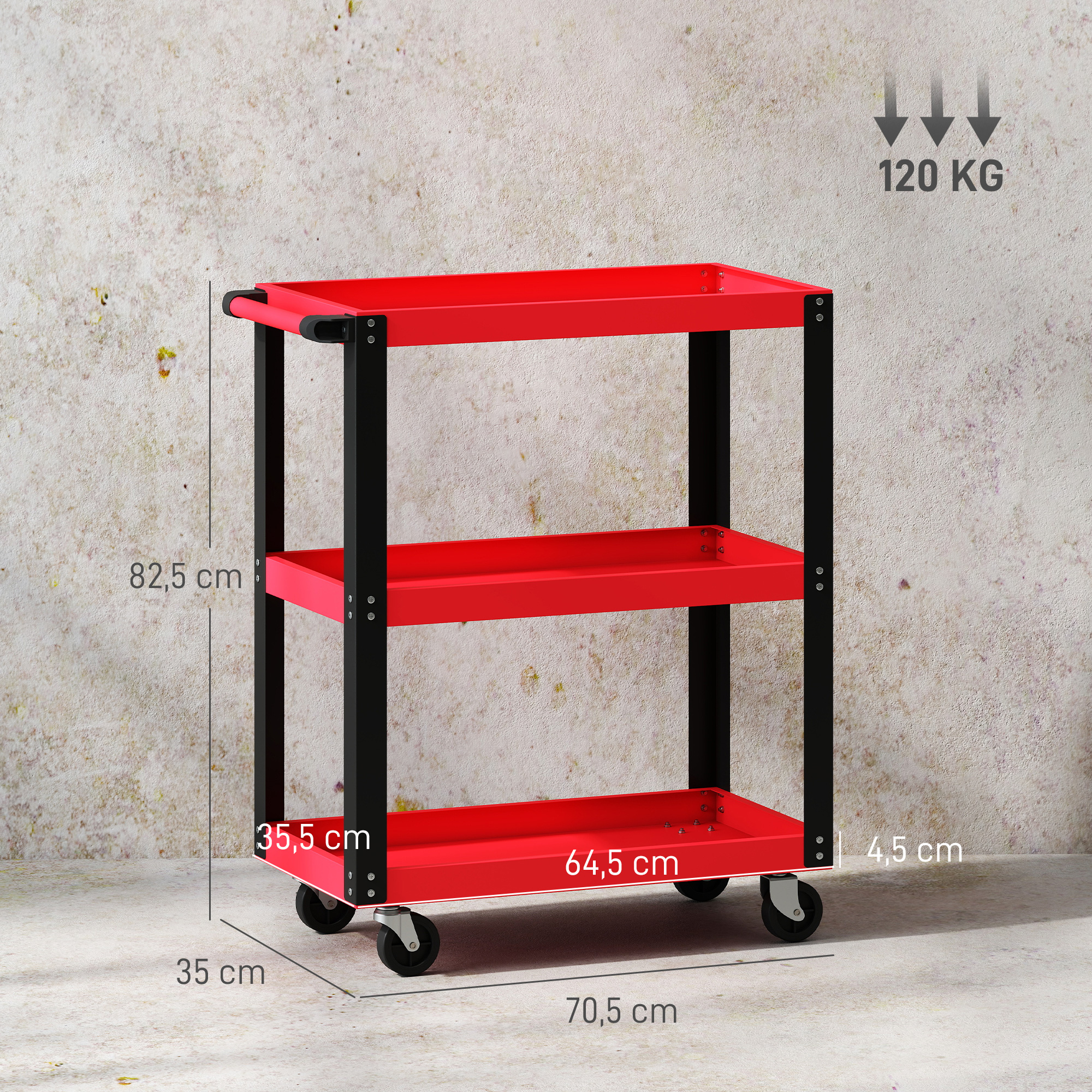 Werkzeugwagen mit 3 Ebenen, Metallrahmen, 120 kg Belastbarkeit, Rollen, Griff, Rot