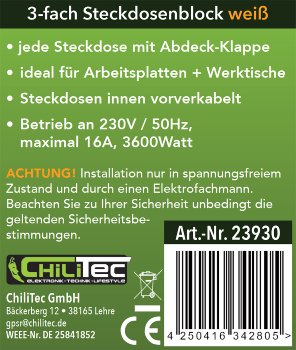 3-fach Steckdosenblock, weiß / 250V~/ 16A, Aufbaumontage mit Klappen