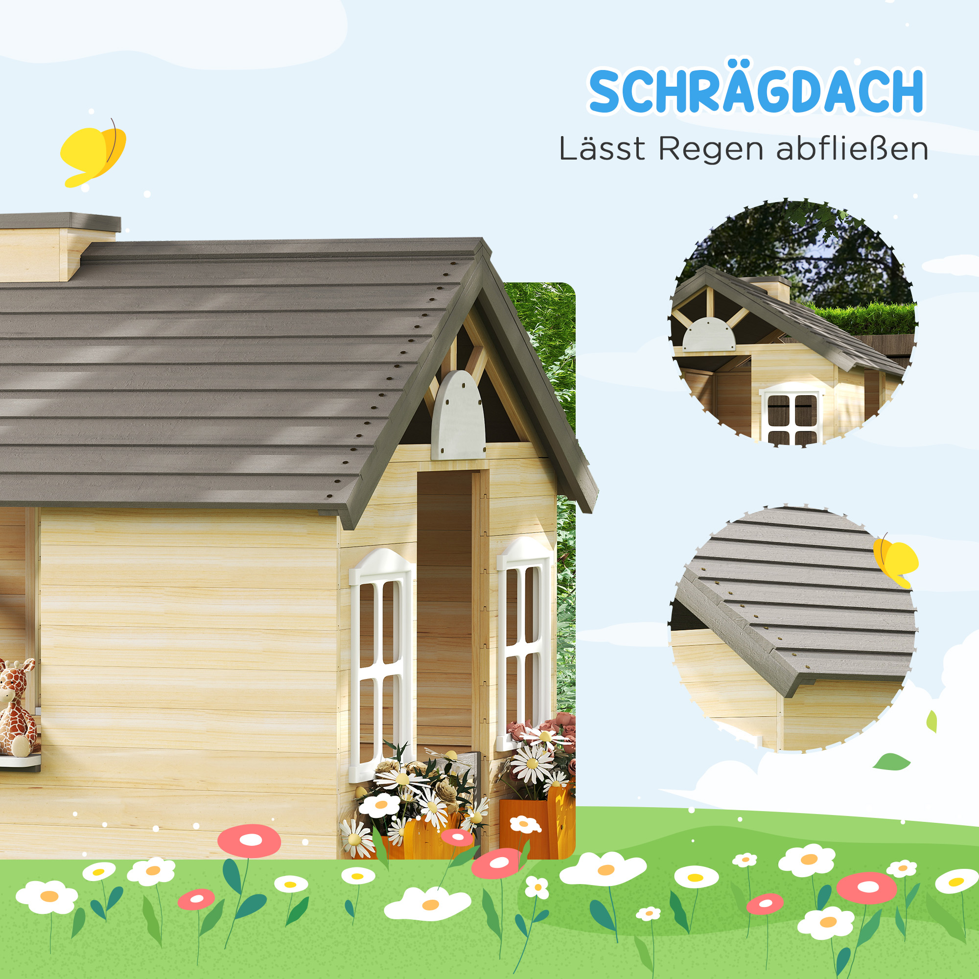 Spielhaus Kinderspielhaus aus Holz mit Tür Fenster Briefkasten Blumentopfrack Gartenhaus für Jungen und Mädchen 3-7 Jahre Kinderspielzeug für Outdoor & Indoor Natur