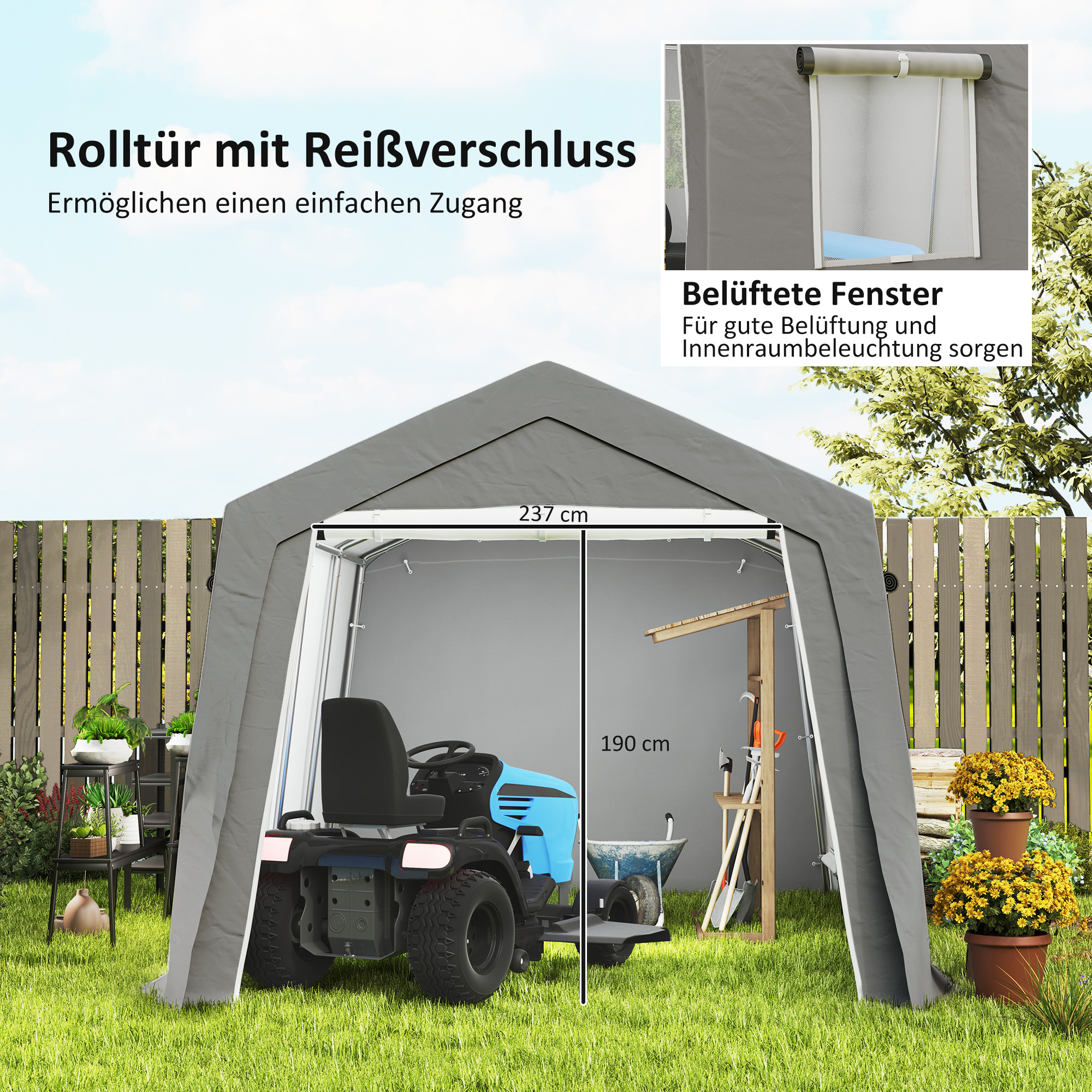 Gerätehaus mit Satteldach wasserdicht Gerätezelt mit Türen, Fenster 300x447x255 cm, Hellgrau
