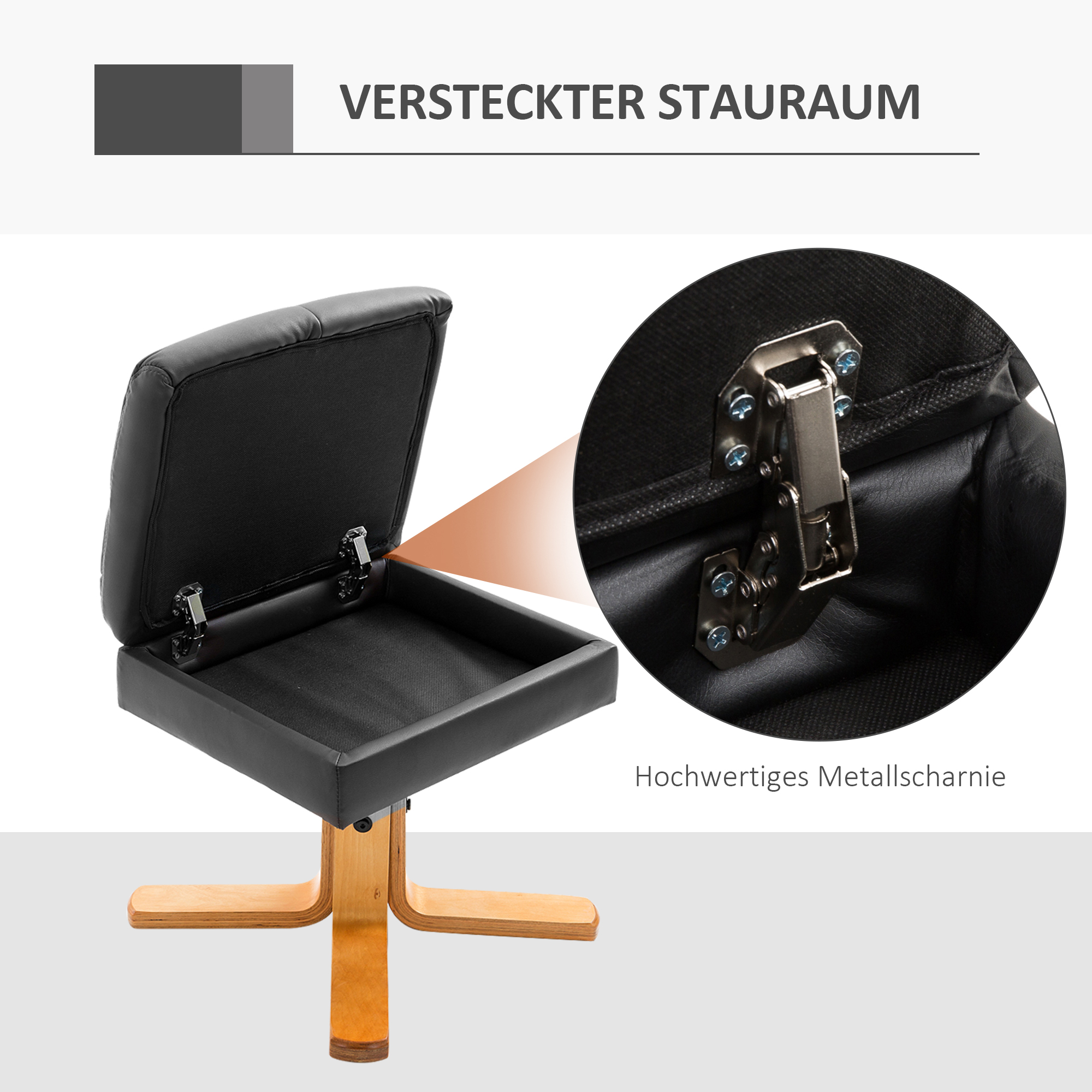 Relaxsessel mit Hocker, Stauraum, Gepolstert Fernsehsessel mit Liegefunktion, 360° Drehbar TV-Sessel für Schlafzimmer, Wohnzimmer, Kunstleder, Schwarz