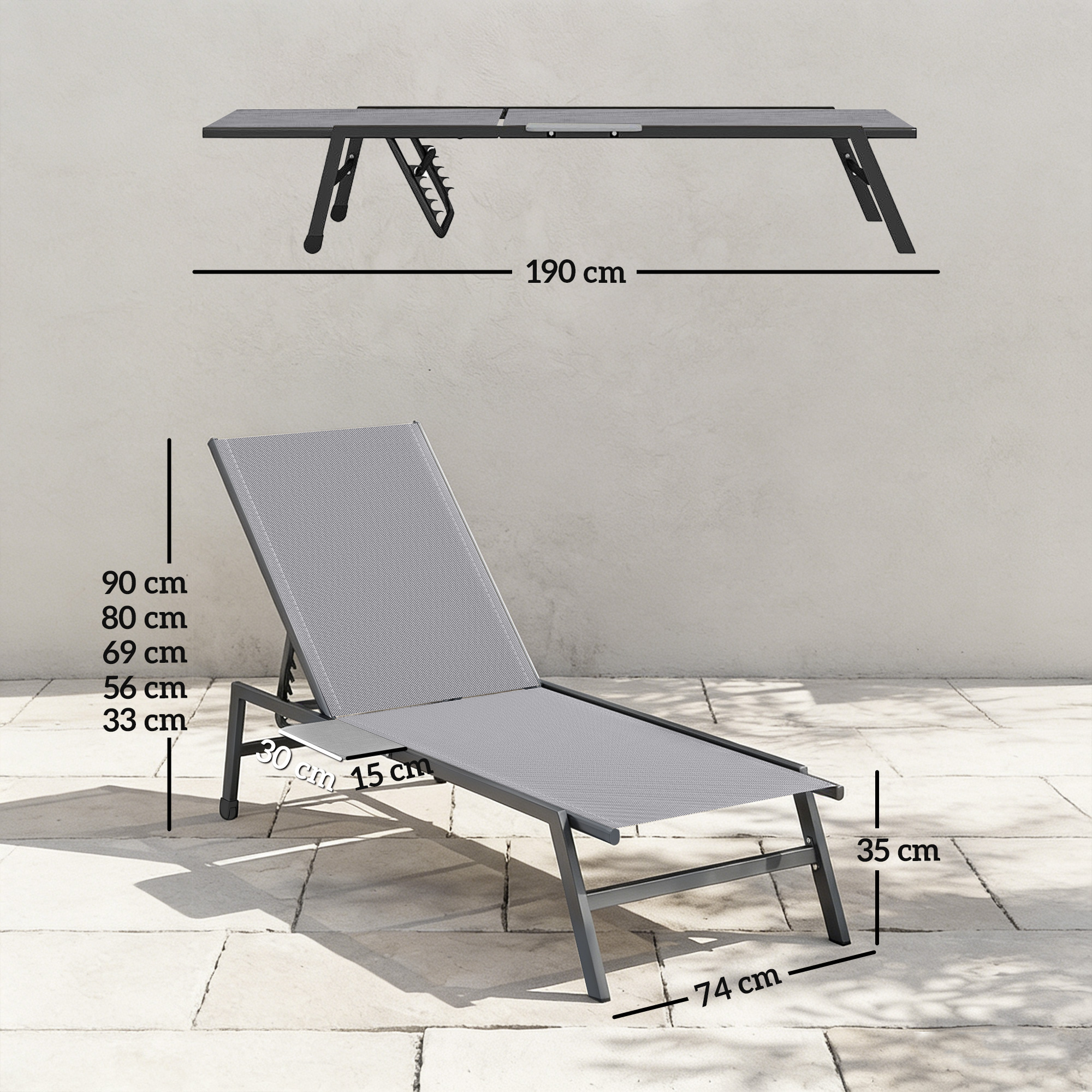 2er Set Sonnenliege Gartenliege mit 5-Fach höhenverstellbarer Rückenlehne Seitentisch 2 Räder, rutschfeste Füße Grau