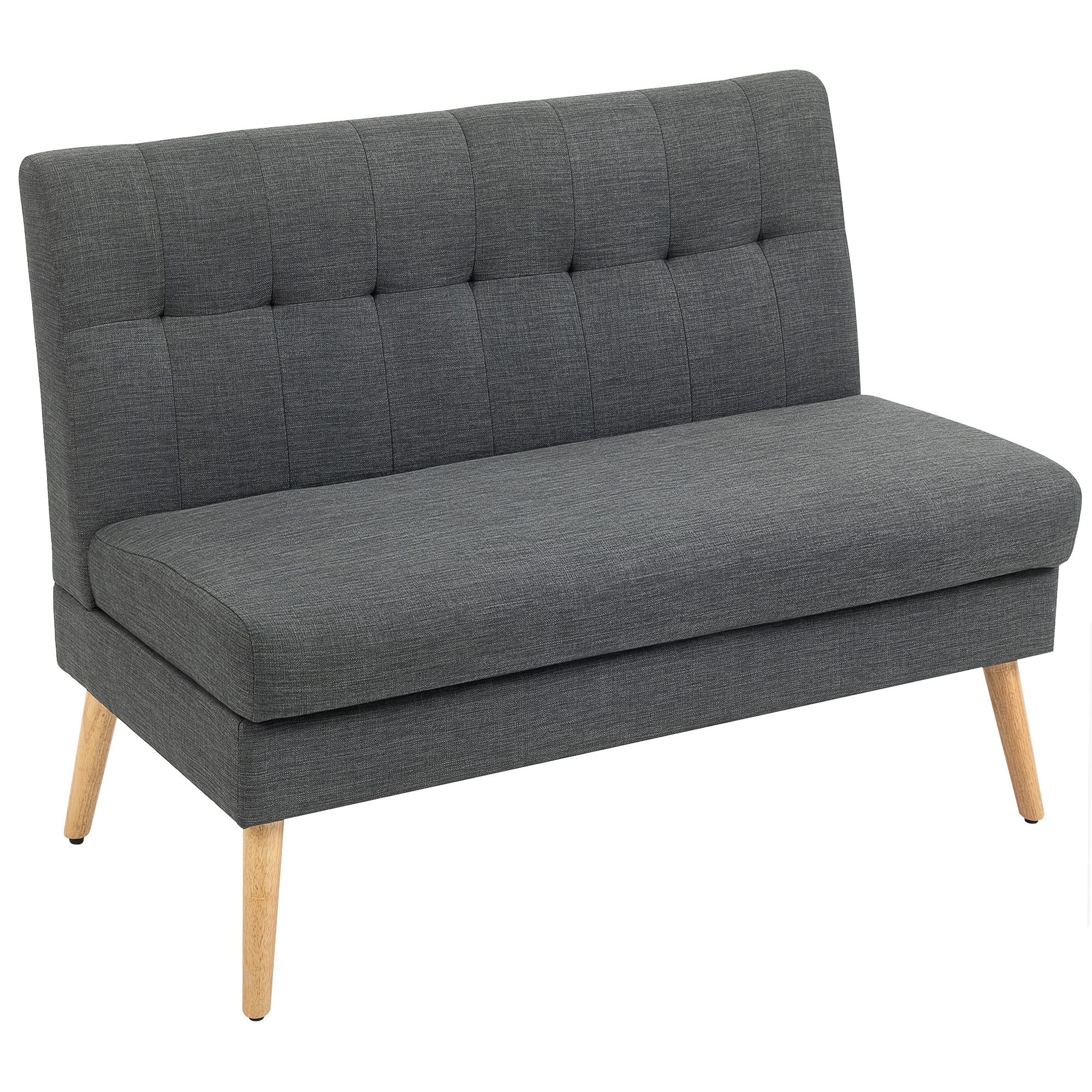 2-Sitzer-Sofa, getuftete Rückenlehne, Holzbeine, dicke Polsterung, Leinenoptik, für kleine Räume, Grau