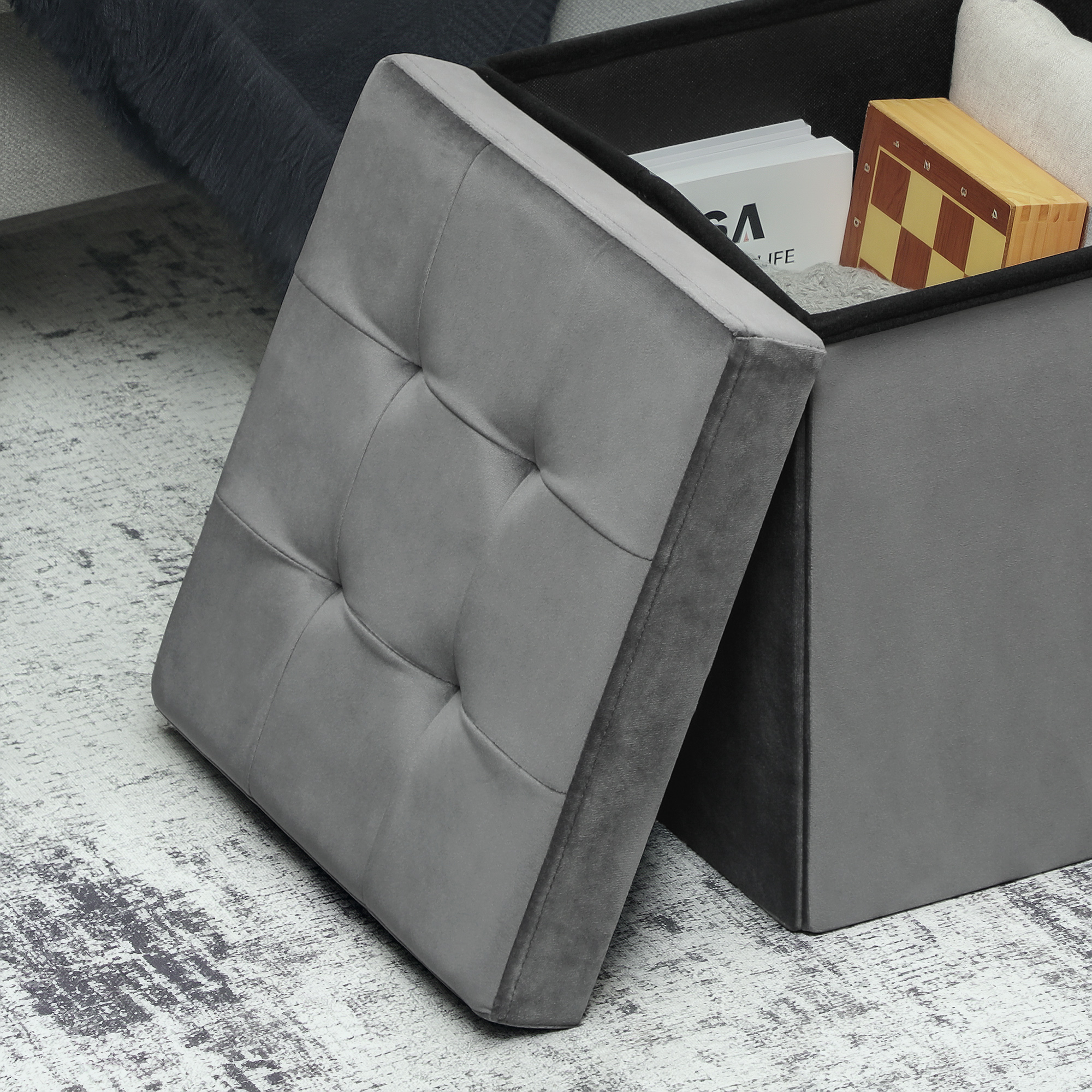 Klappbarer Sitzhocker mit Stauraum, Aufbewahrungsbox, Schaumstoff, MDF, Grau