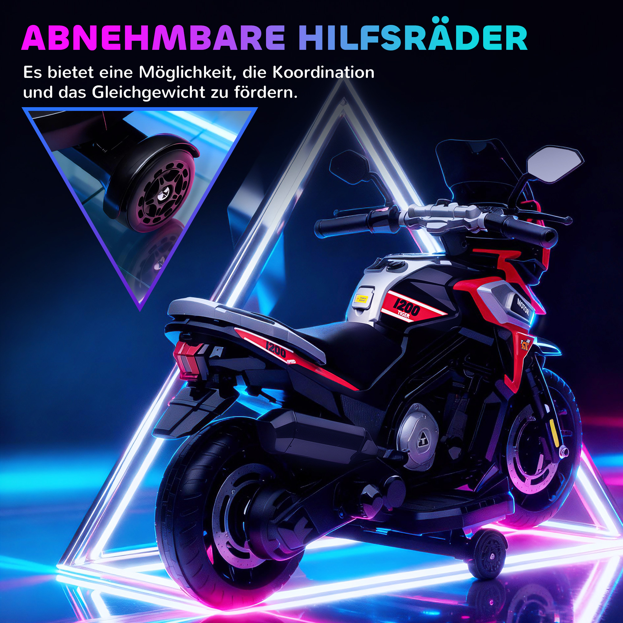 Elektro-Motorrad für Kinder von 18-36 Monaten, Aufsitz-Fahrzeug, Hilfsräder, Lichter, Musik, Kunststoff, Stahl, Rot