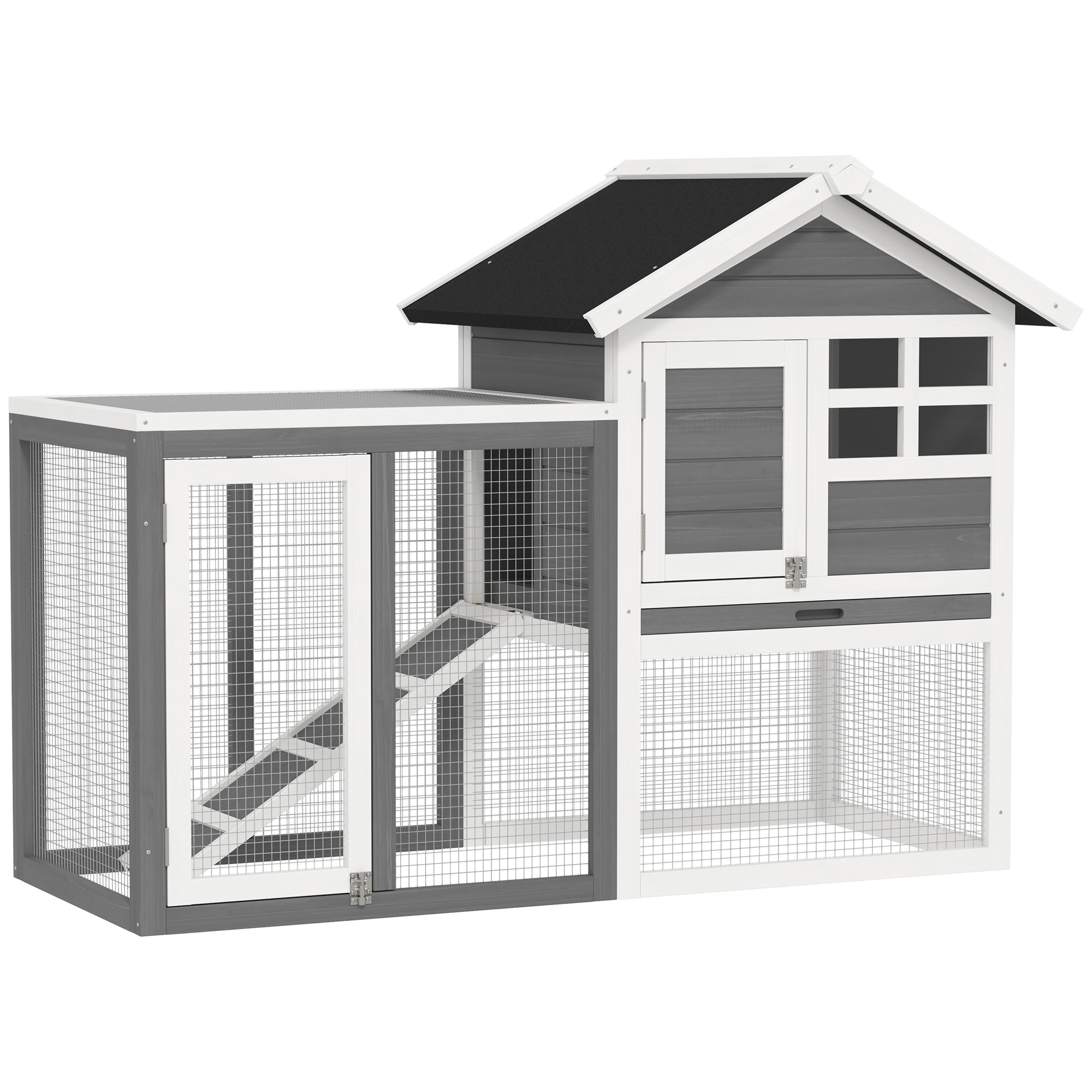 Hasenstall 2 Etagen Kaninchenstall aus Holz 123,5x62,6x92,5 cm Kaninchenkäfig mit Bitumendach Freilaufgehege Rampe Türen Herausnehmbare Bodenwanne Hasenkäfig für Kaninchen Outdoor Grau+Weiß
