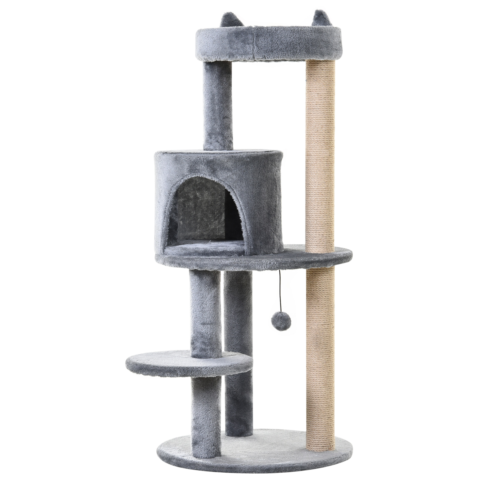 Katzenbaum 4-Stock Katzenhöhle Katzenhaus mit Spielbällen Sitzstange Sisalsäule und Kratzbrett groß stabil luxuriös Sisal Plüsch Grau 48x48x104 cm