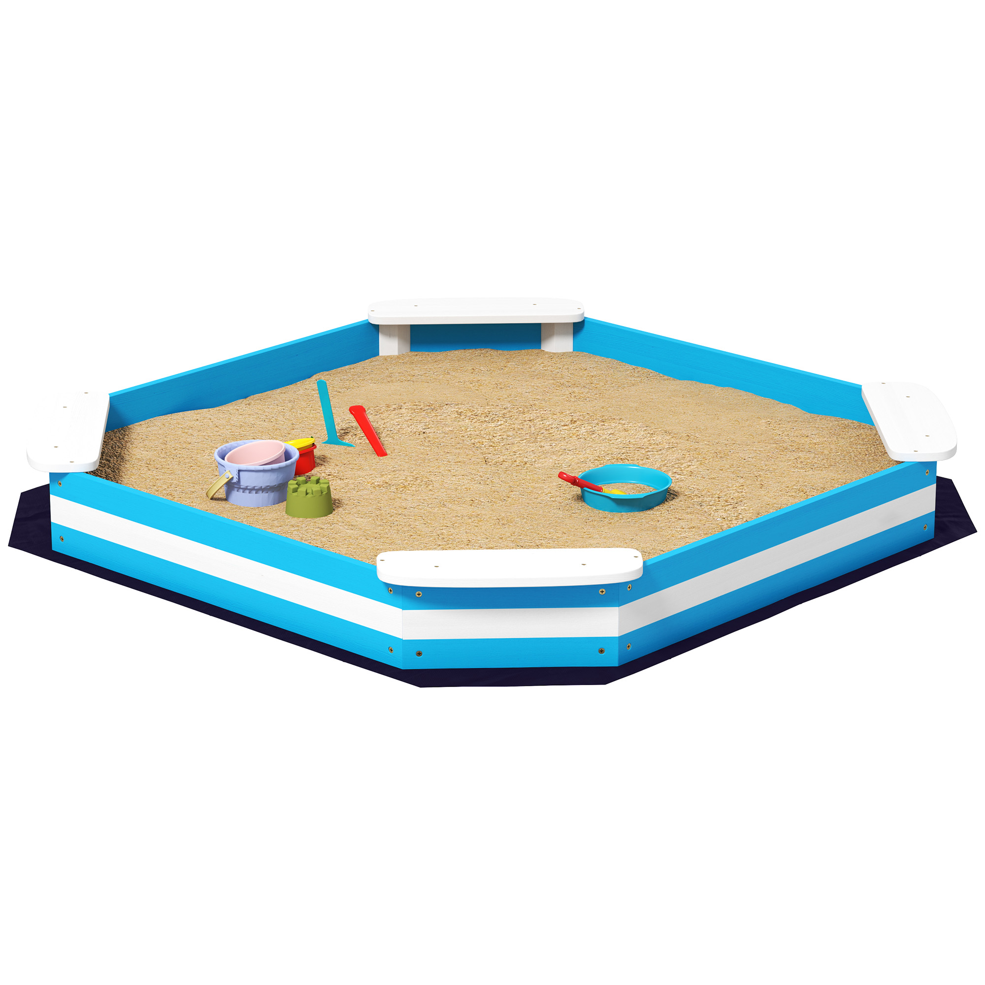 Sandkasten für Kinder, Sandkiste mit 4 Sitzen, Fichtenholz, bodenlos, Blau Sandkasten für Kinder, Sandkiste mit 4 Sitzen, Fichtenholz, bodenlos, Blau