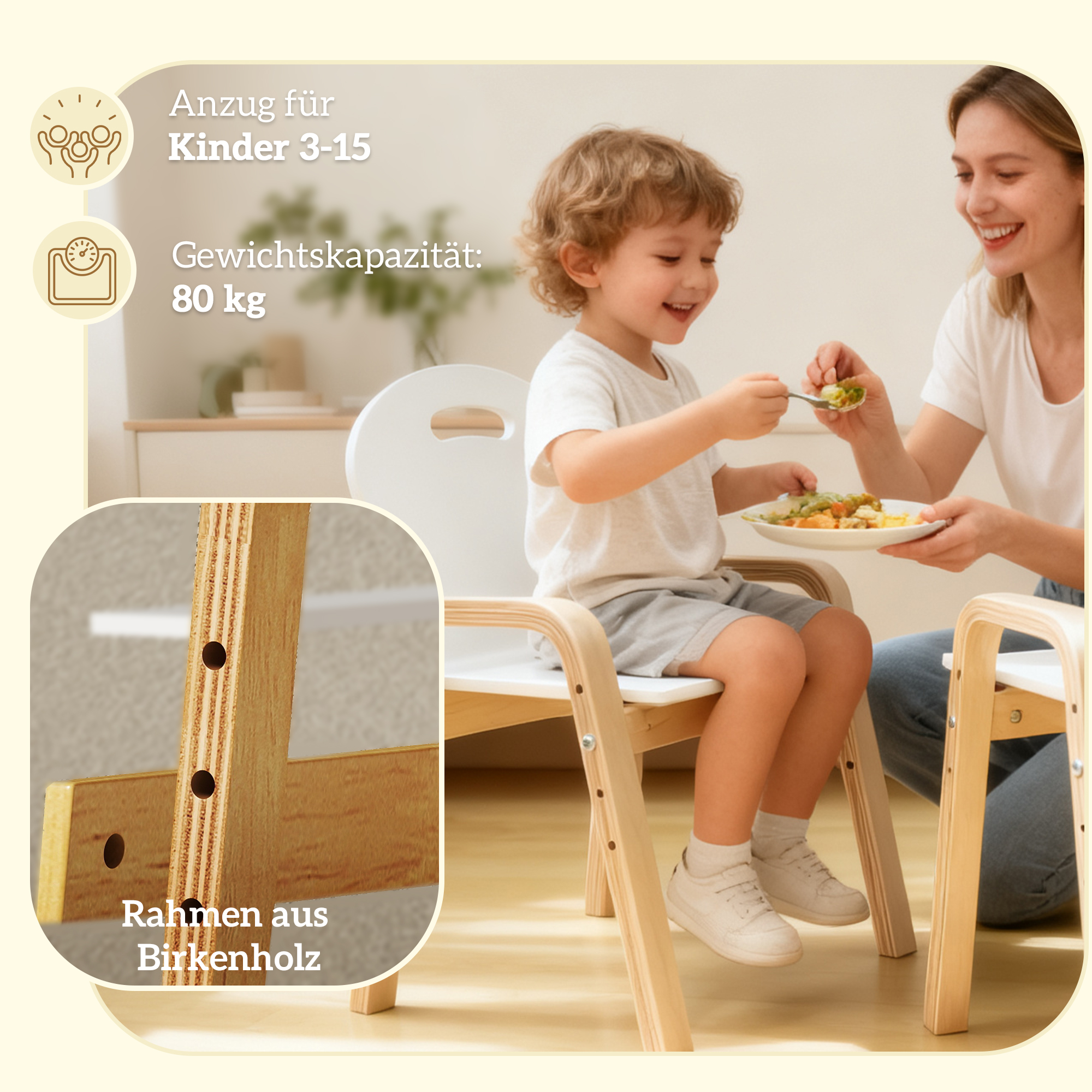 Holzstuhl-Set für Kinder, rutschfeste Fußpads, 3-15 Jahre, höhenverstellbar, Weiß
