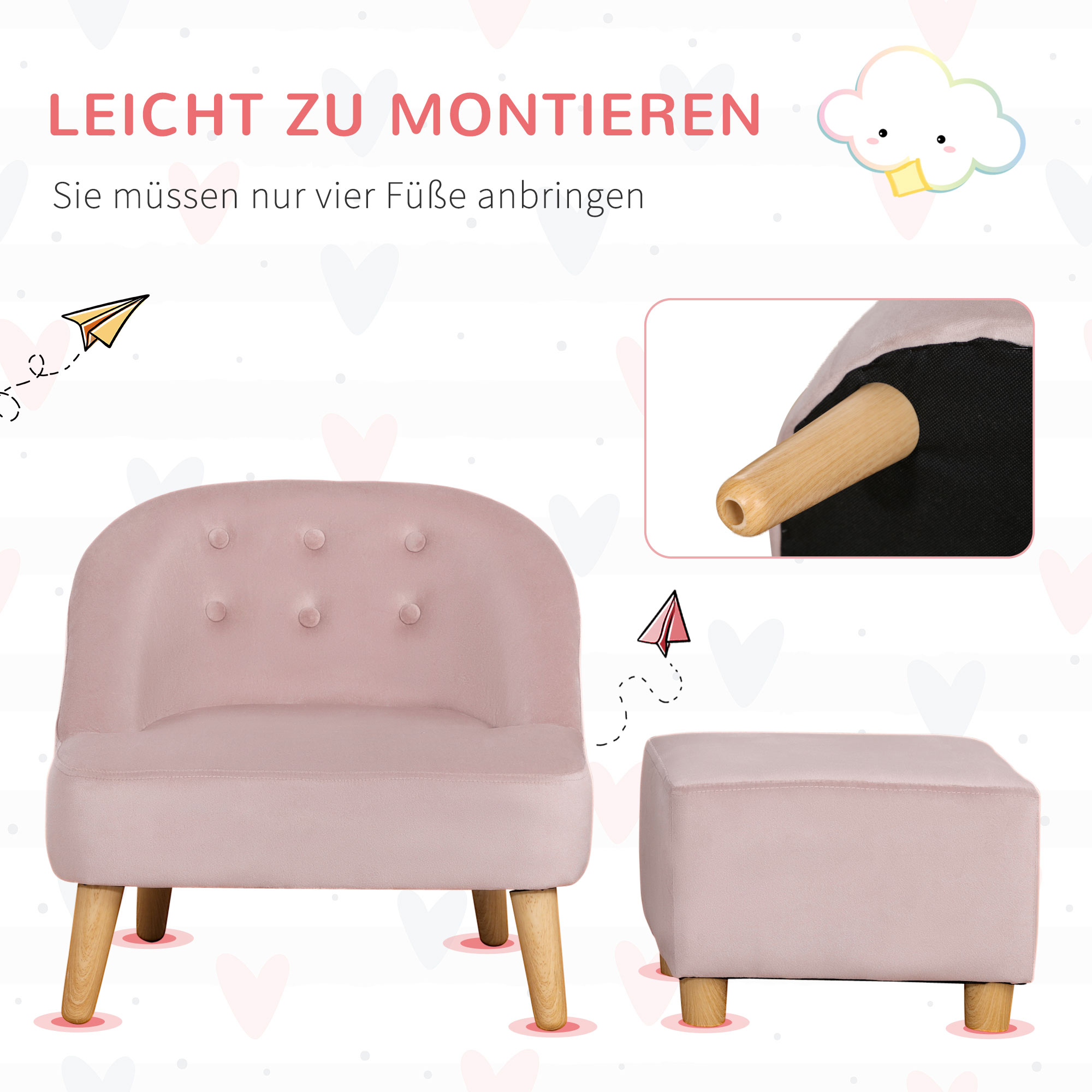 Kindersessel mit Ottomane für Kinder von 3 bis 5 Jahren Niedliches Design Samtoptik 51 cm x 51 cm x 50 cm Rosa