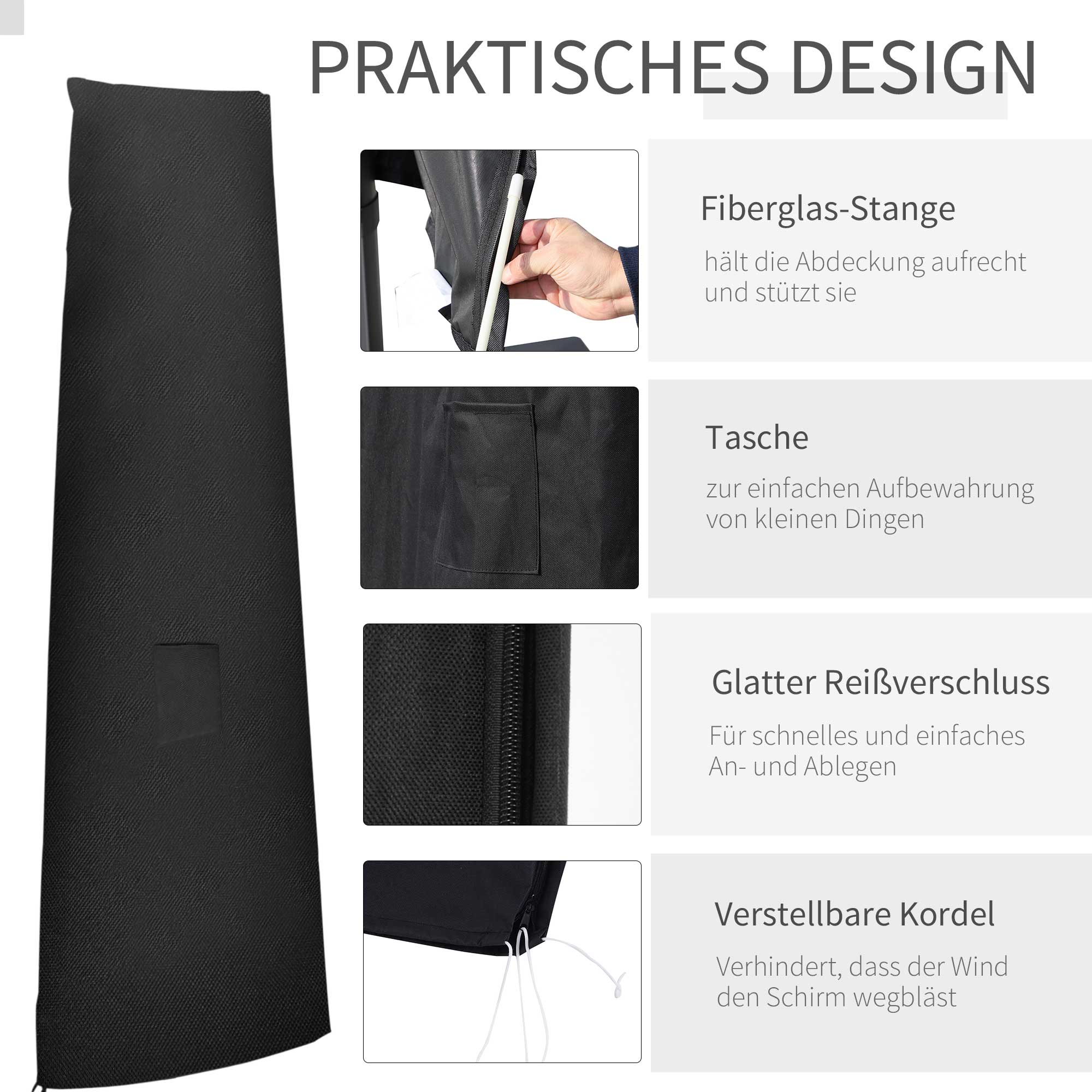 Schutzhülle für Sonnenschirme, Abdeckung für Sonnenschirme, wetterbeständig, mit Seitentasche, Schwarz