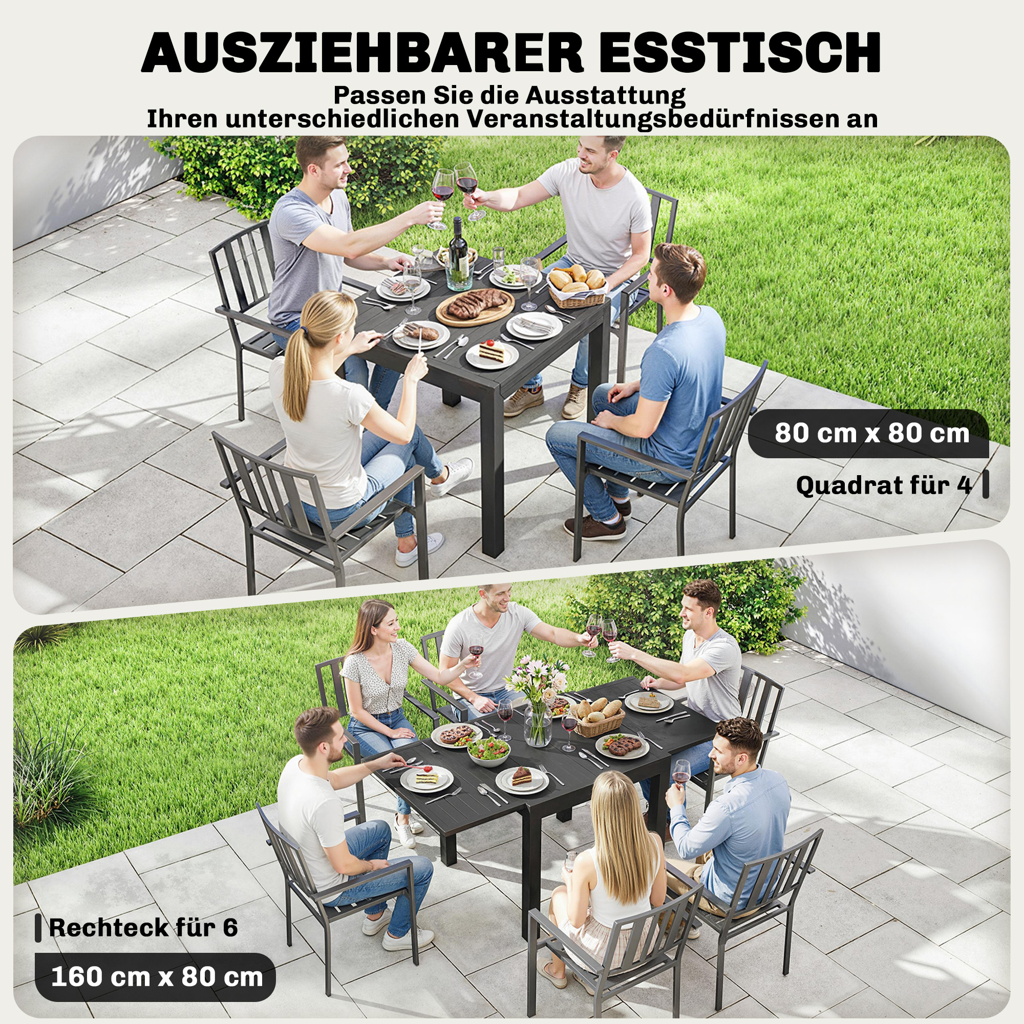 Gartentisch Ausziehbarer 80/160 x 80 cm Aluminium Esstisch für 4-6 Personen, Rechteckig mit Lamellenplatte