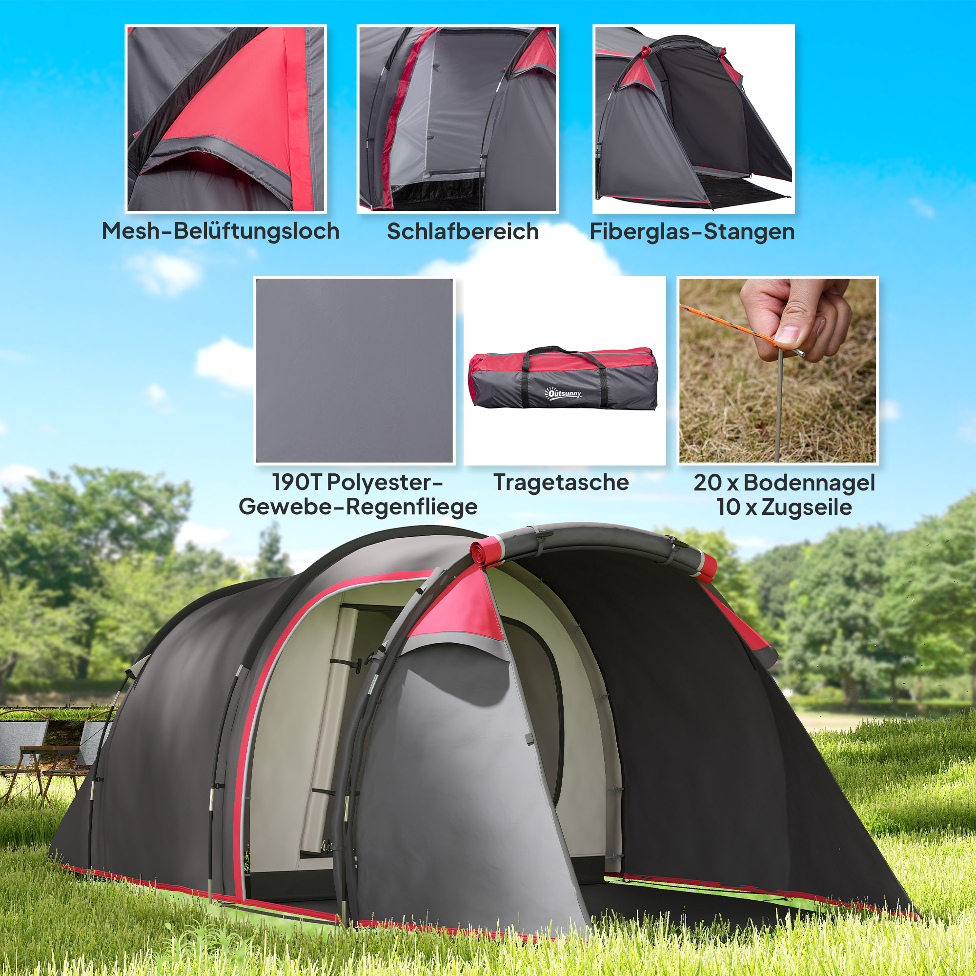 Campingzelt, Wurfzelt für 2-3 Personen, Vorraum & Schlafbereich, wasserdicht, 426 x 206 x 154 cm, Grau