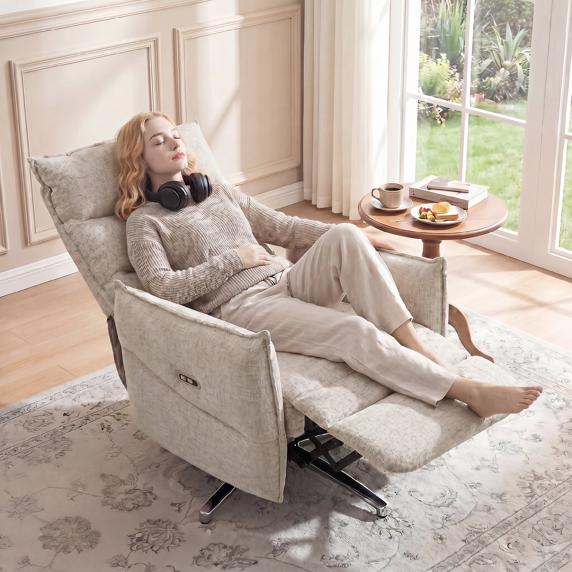 drehbarer elektrischer Relaxsessel für Erwachsene, Sessel mit Leinenoptik-Stoff und Ladeanschlüssen, Beige