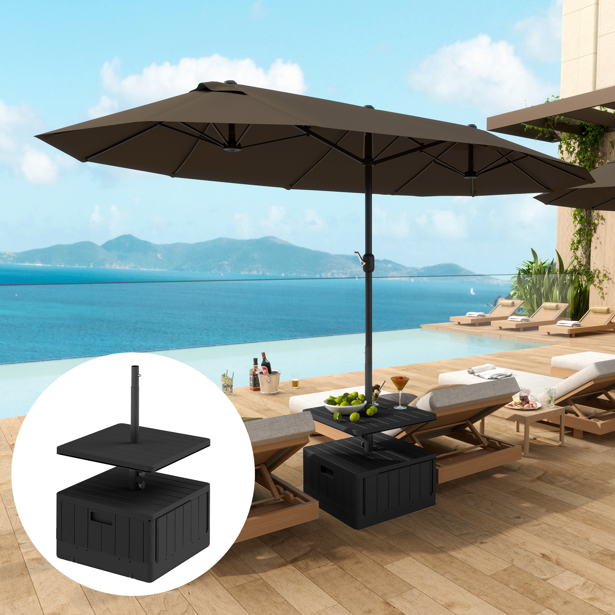 Terrassenschirmständer, Gartenschirmständer mit Tischplatte, Terrassenschirmbasis, Kunststoff, Schwarz