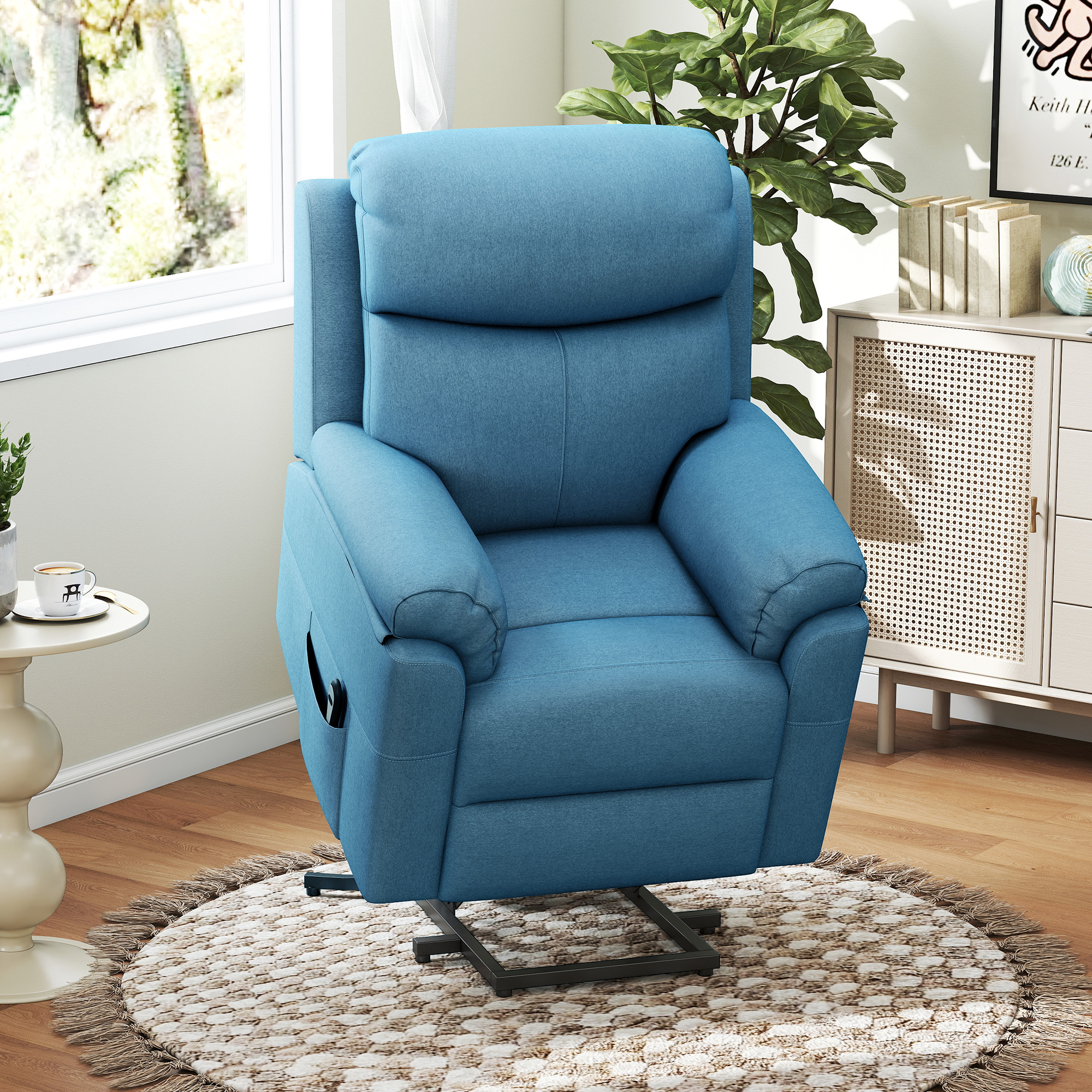 Fernsehsessel mit Aufstehhilfe Elektrisch Relaxsessel mit Liegefunktion, TV-Sessel mit Fernbedienung Seitentasche Taschenfederkern Leinenoptik Blau
