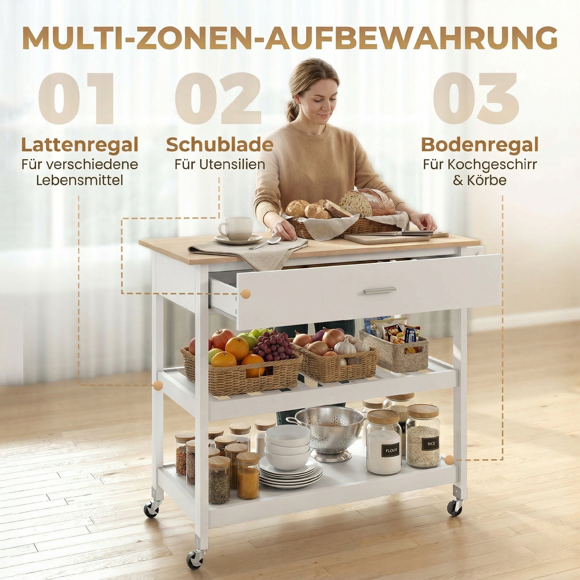 Küchenwagen mit Stauraum, Rollende Kücheninsel mit großer Arbeitsplatte, Schublade, 2 offenen Regalen, Handtuchhalter, Weiß