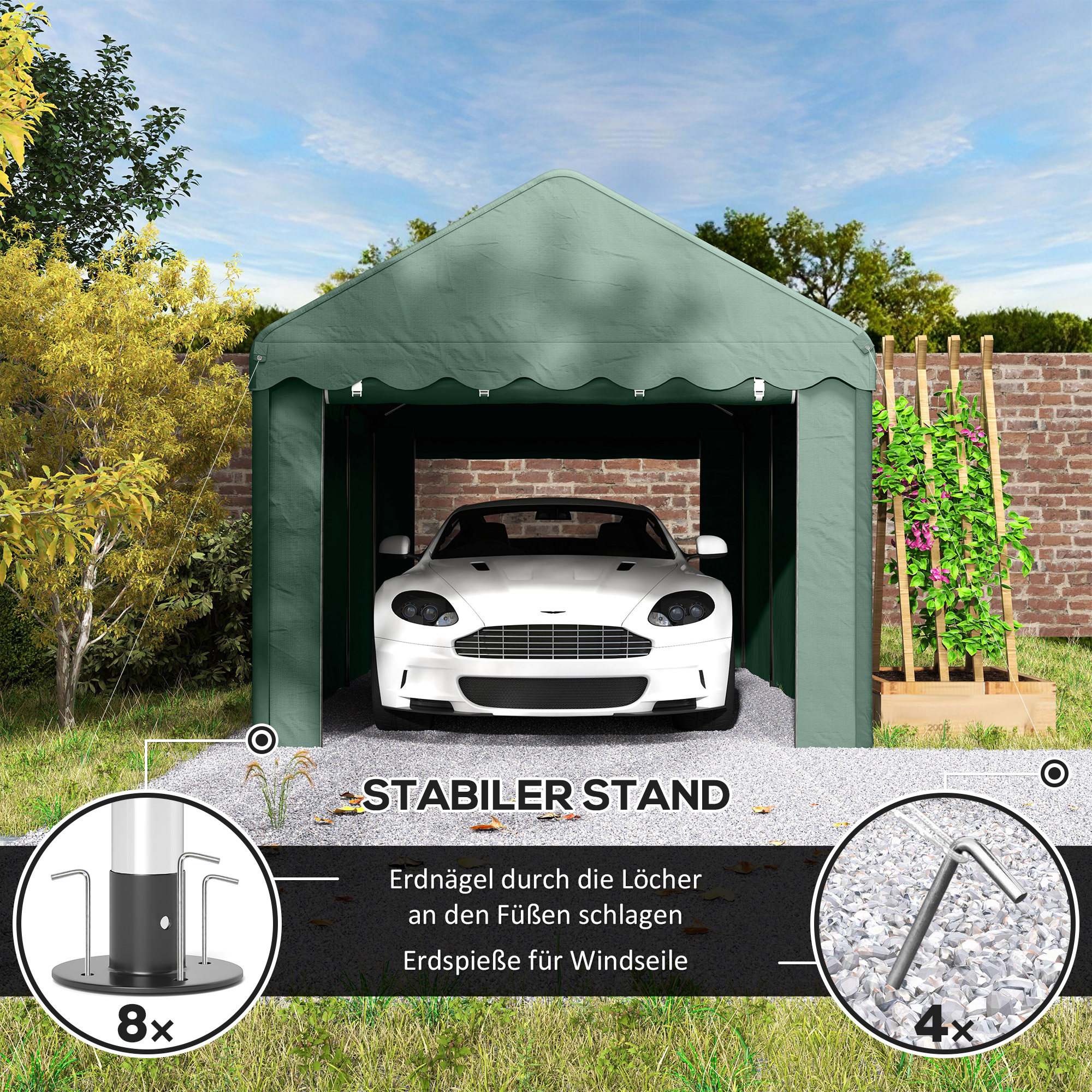 3x6 m Tragbarer Carport, Fahrzeugunterstand mit 2 Eingängen, Polyesterdach, für Autos, Boote, Gartengeräte, Dunkelgrün