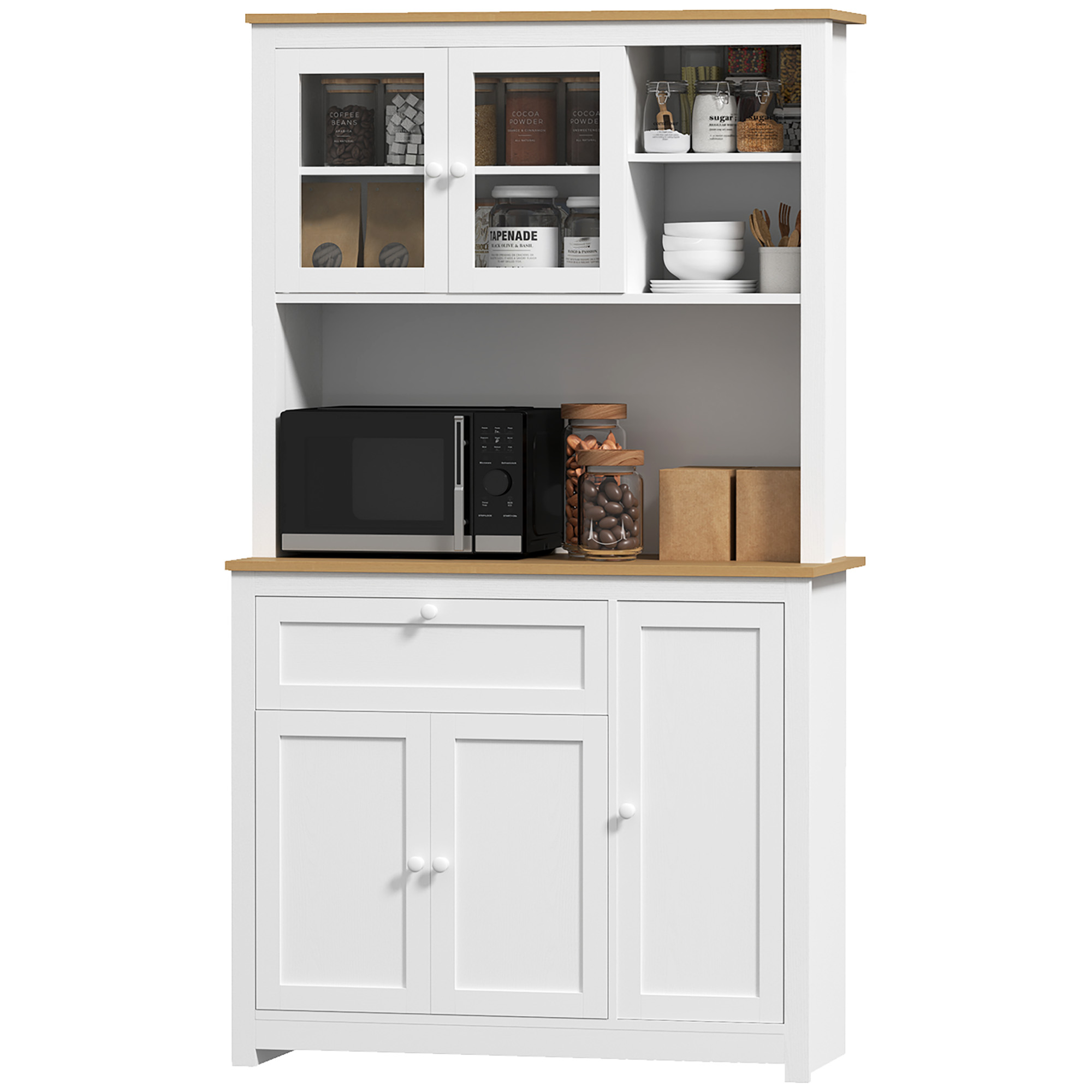 Küchenschrank im Landhausstil, 1 Vitrine, 1 offenes Regal, 1 Schublade, 2 Schränke, Natur + Weiß Küchenschrank im Landhausstil, 1 Vitrine, 1 offenes Regal, 1 Schublade, 2 Schränke, Natur + Weiß