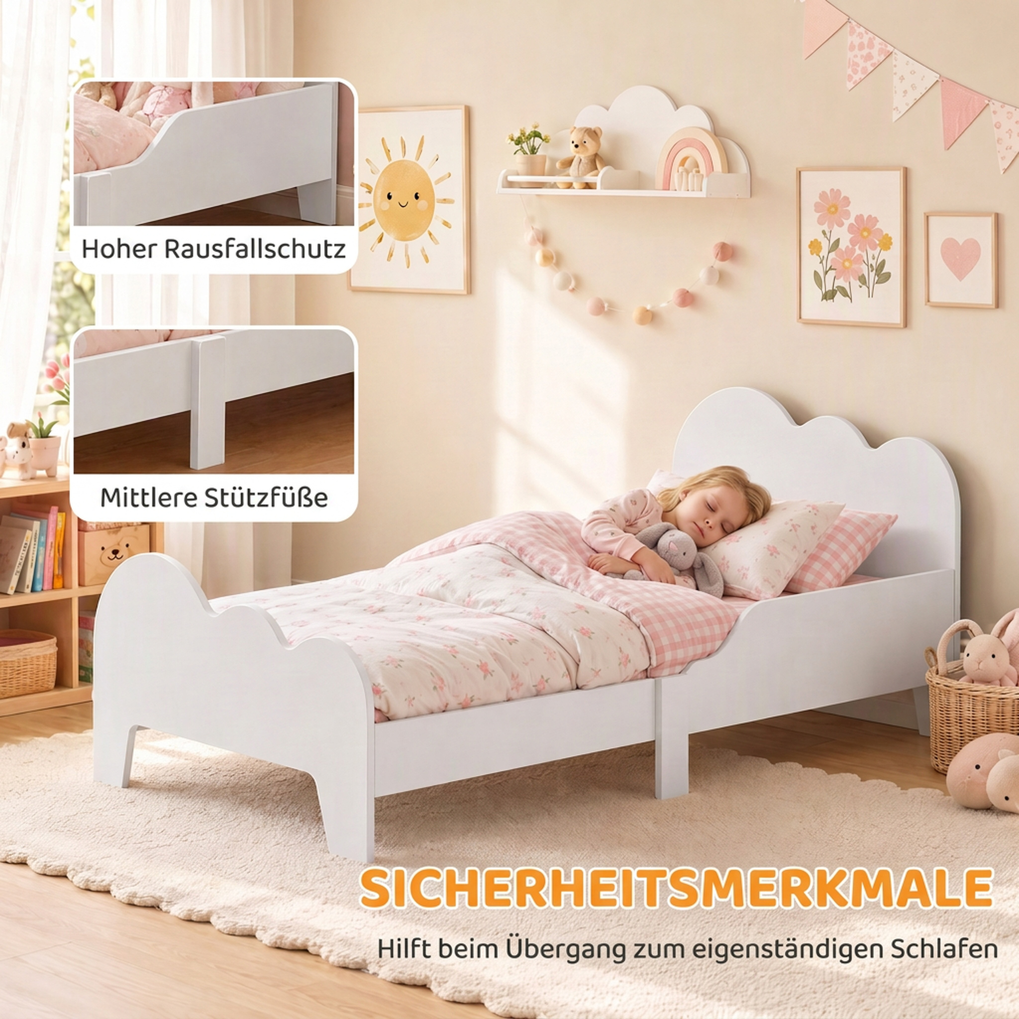 Kinderbett 140 x 70 cm Kleinkindbett mit Rausfallschutz, Lattenrost, Wolken-Design 3-8 Jahre, ohne Matratze, Weiß