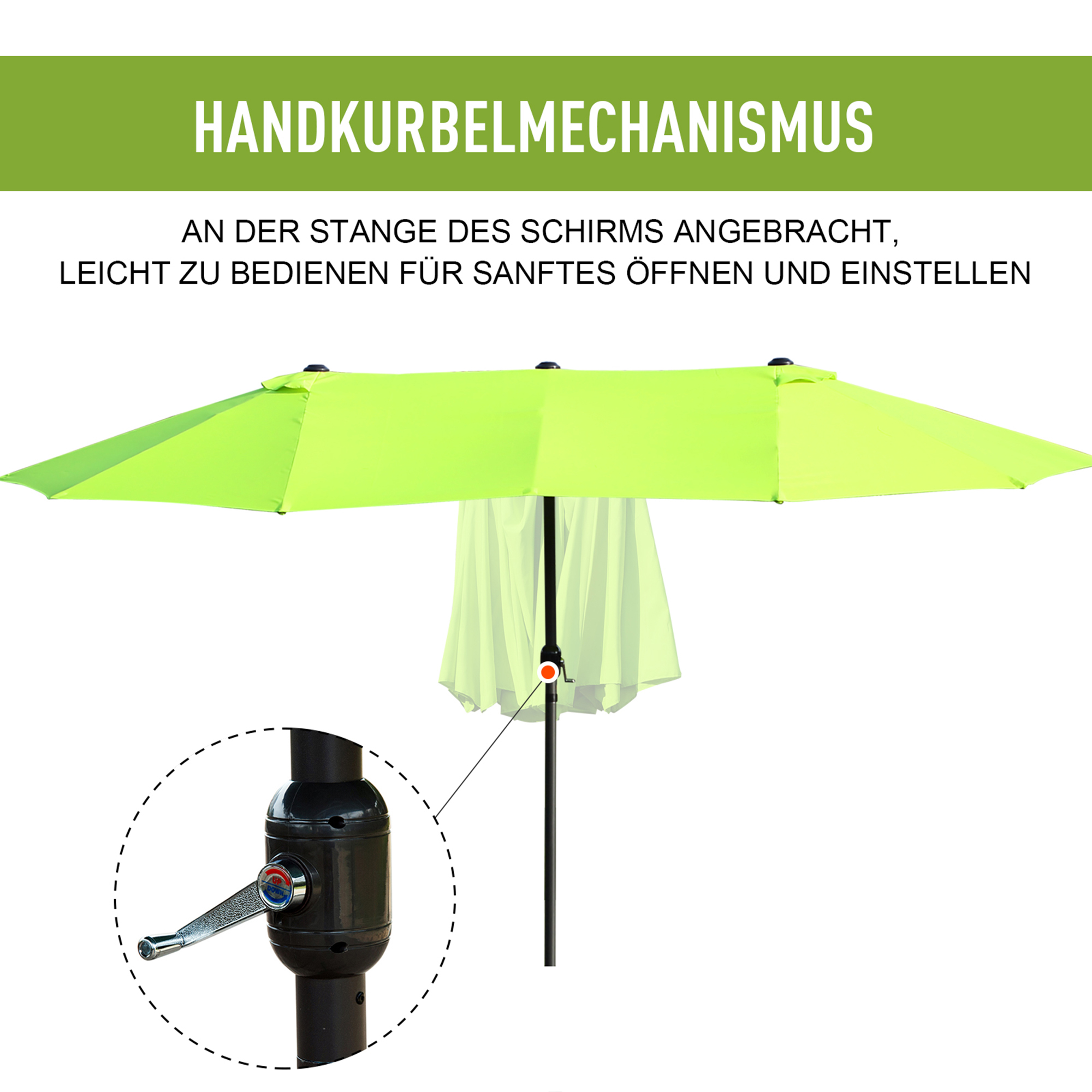 Doppelsonnenschirm 455 x 270 cm Gartenschirm mit Handkurbel oval stabil Metallstange Marktschirm Doppelsonnenschirm Terrassenschirm Sonnenschutz für Strand Balkon Terrasse Garten Grün
