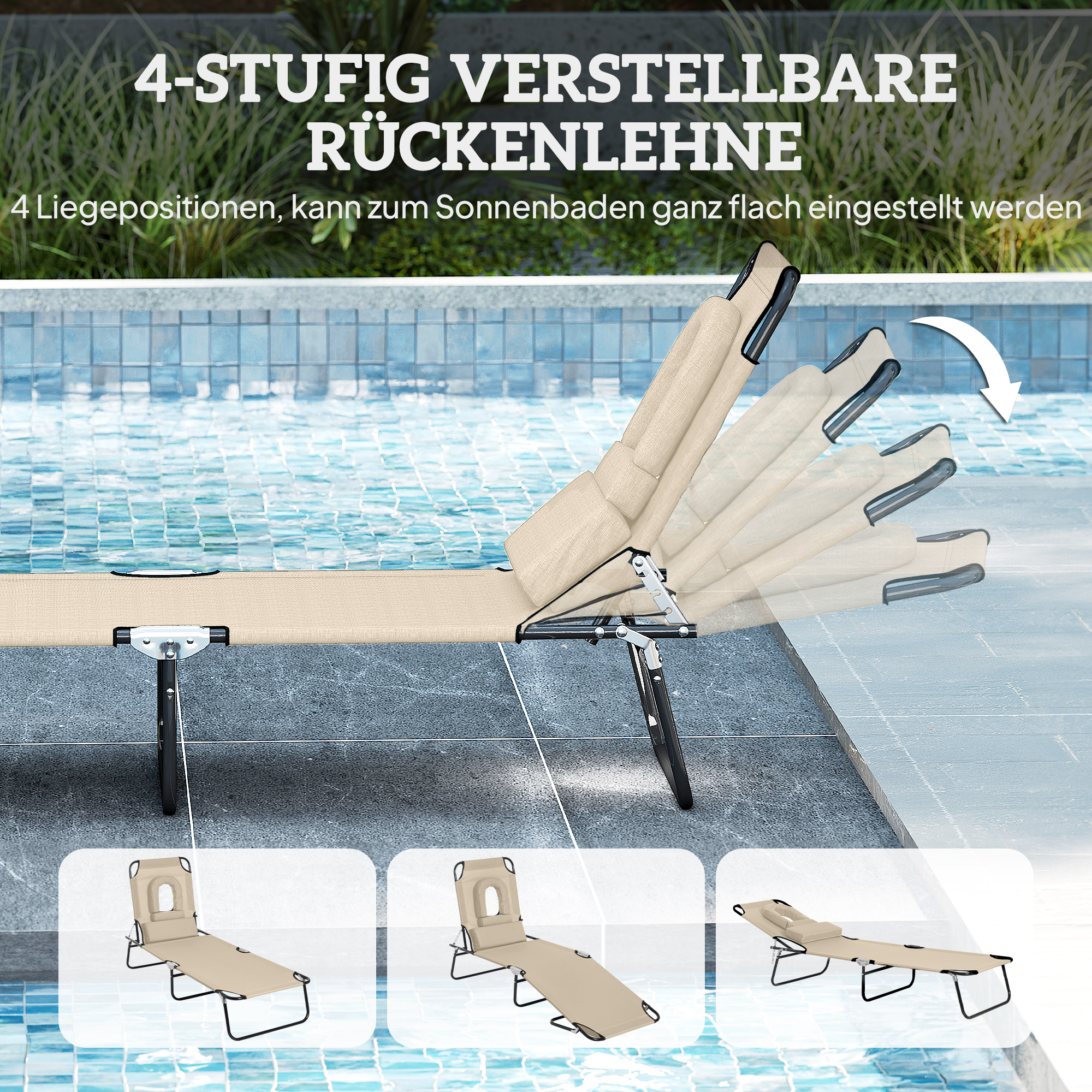 Sonnenliege mit Gesichtsloch & Kissen, klappbar, wasserabweisender Bezug, Metallrahmen, Beige