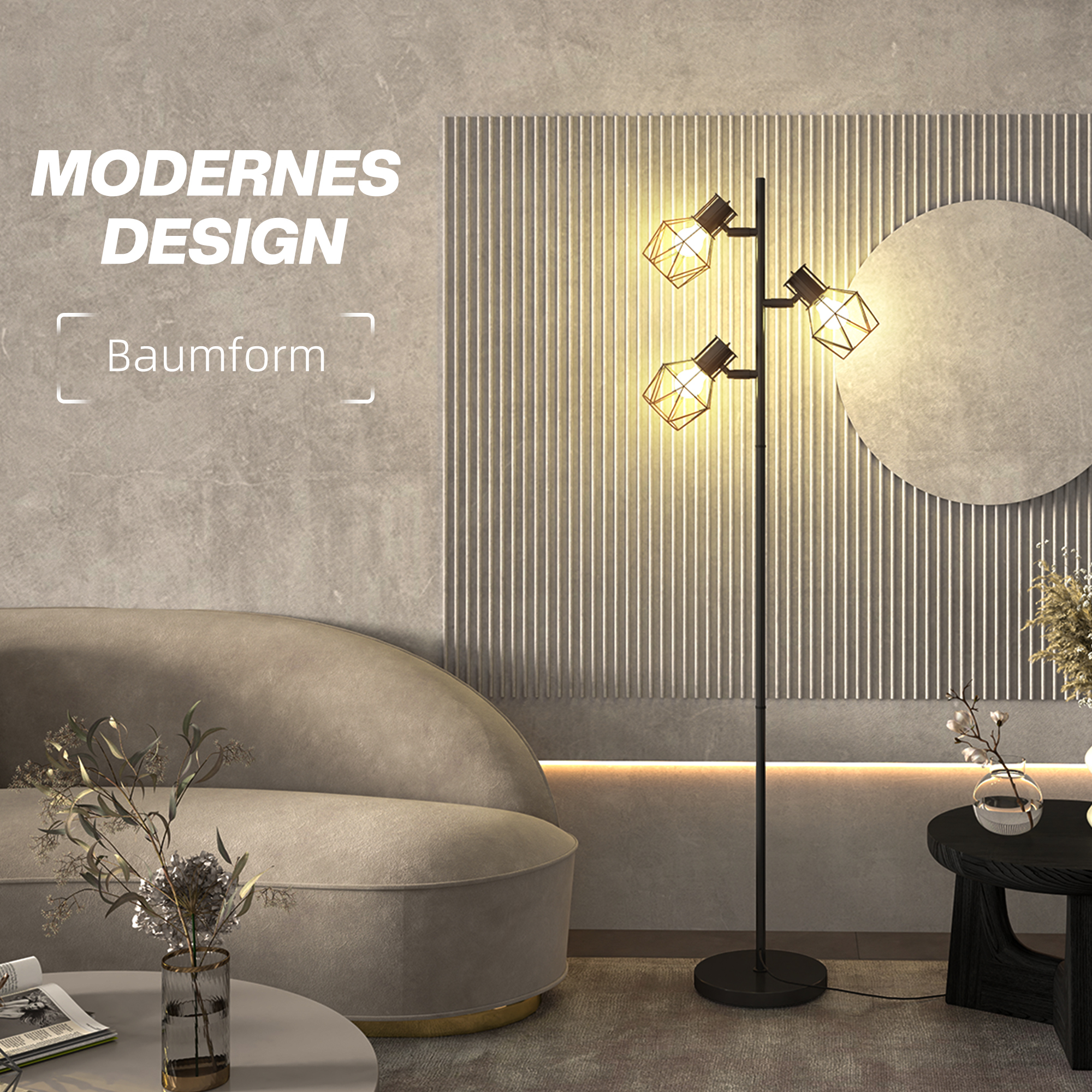 3-Licht-Stehlampe mit flexiblen Leuchtelementen, baumähnliche Struktur, für Wohnzimmer und Schlafzimmer, Metall, Schwarz