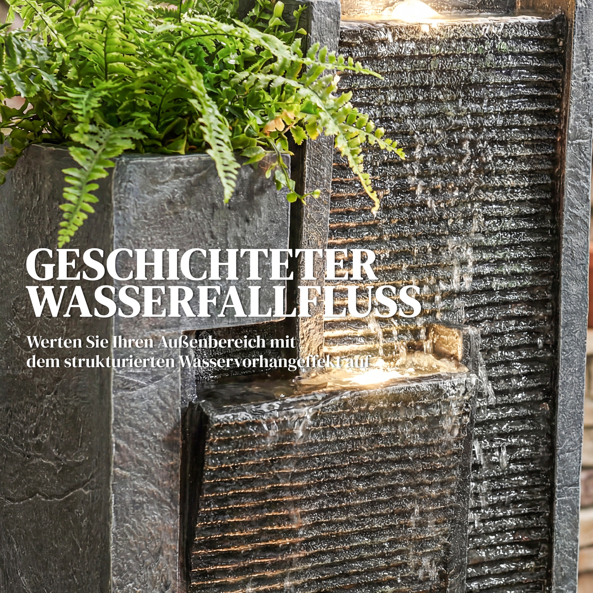 Springbrunnen 3-stufig Gartenbrunnen mit LED Beleuchtung Pflanzkübel Pumpe Steinoptik, Verstellbar 38 x 19 x 101 cm