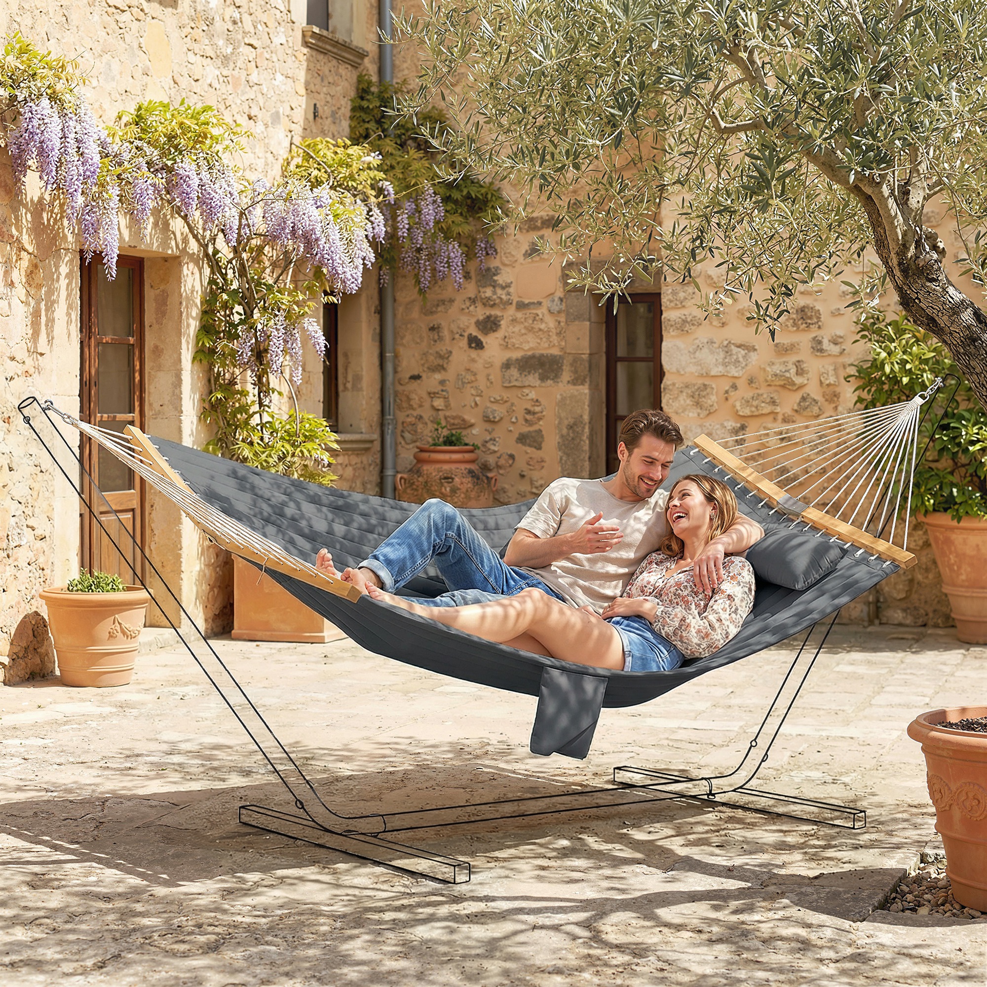 Hängematte Outdoor 200x140cm, zweilagig Hängematte mit Kopfstütze Magazintasche Holzstäbe bis 200kg