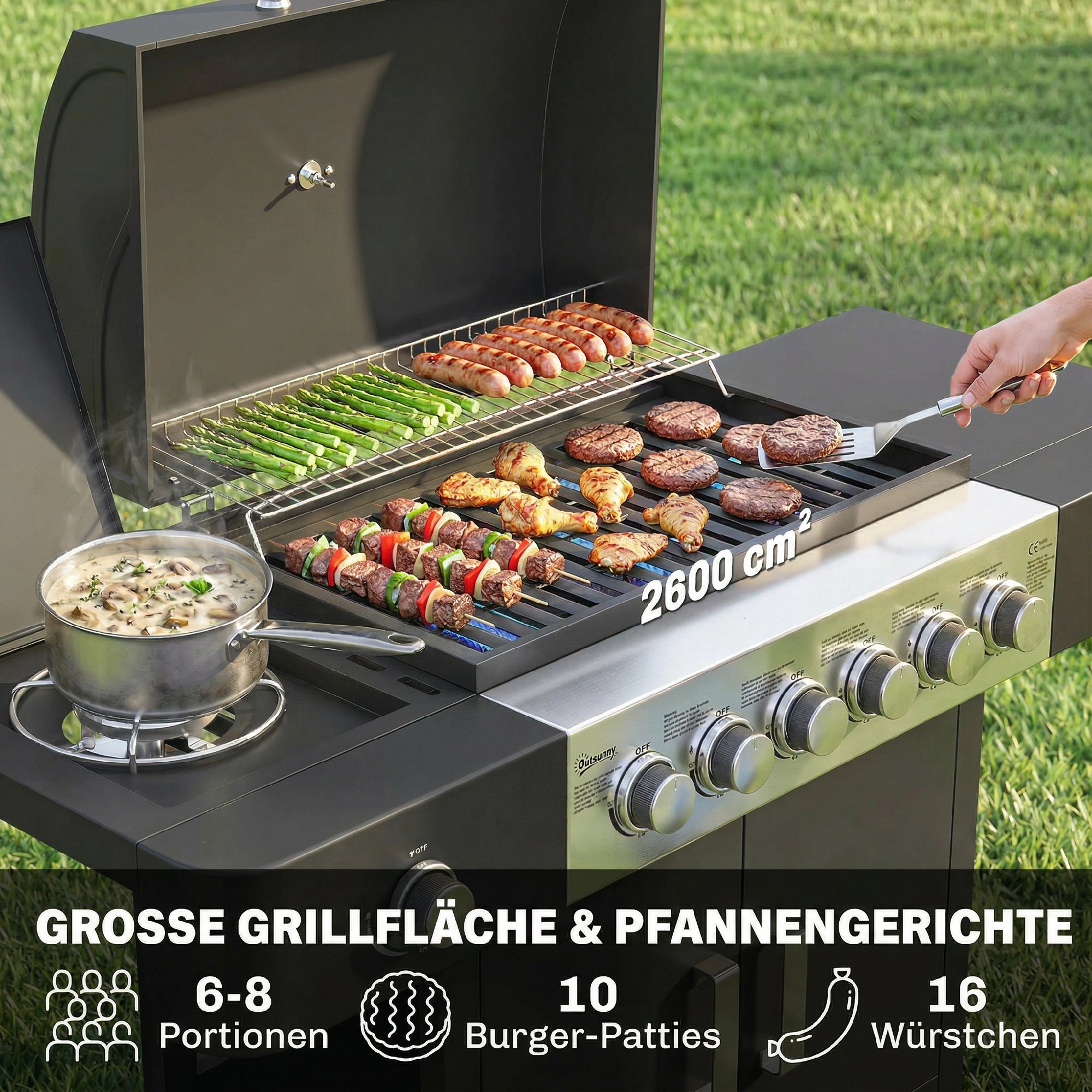 Gasgrill 17,8 KW 6+1 Brenner BBQ Grillwagen aus Edelstahl inkl Rolle Seitenbrenner Thermometer Emaille-Grillrost