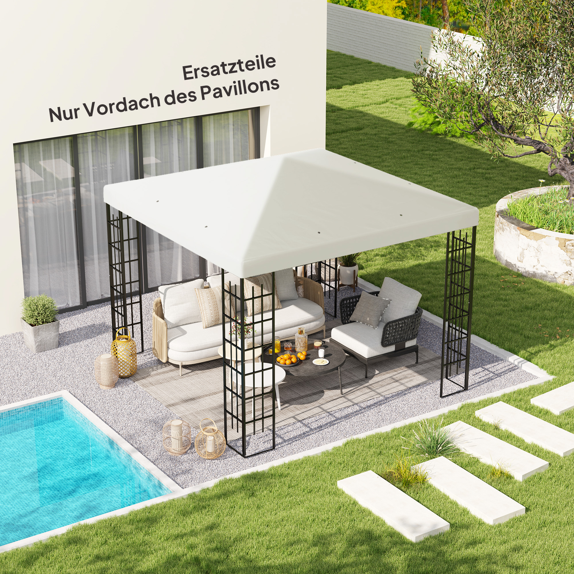 3 x 3 m Ersatzplane für Pavillon, Plane für Garten-Pavillon, mit Wasserablauföffnungen, UPF30+, Hellgrau