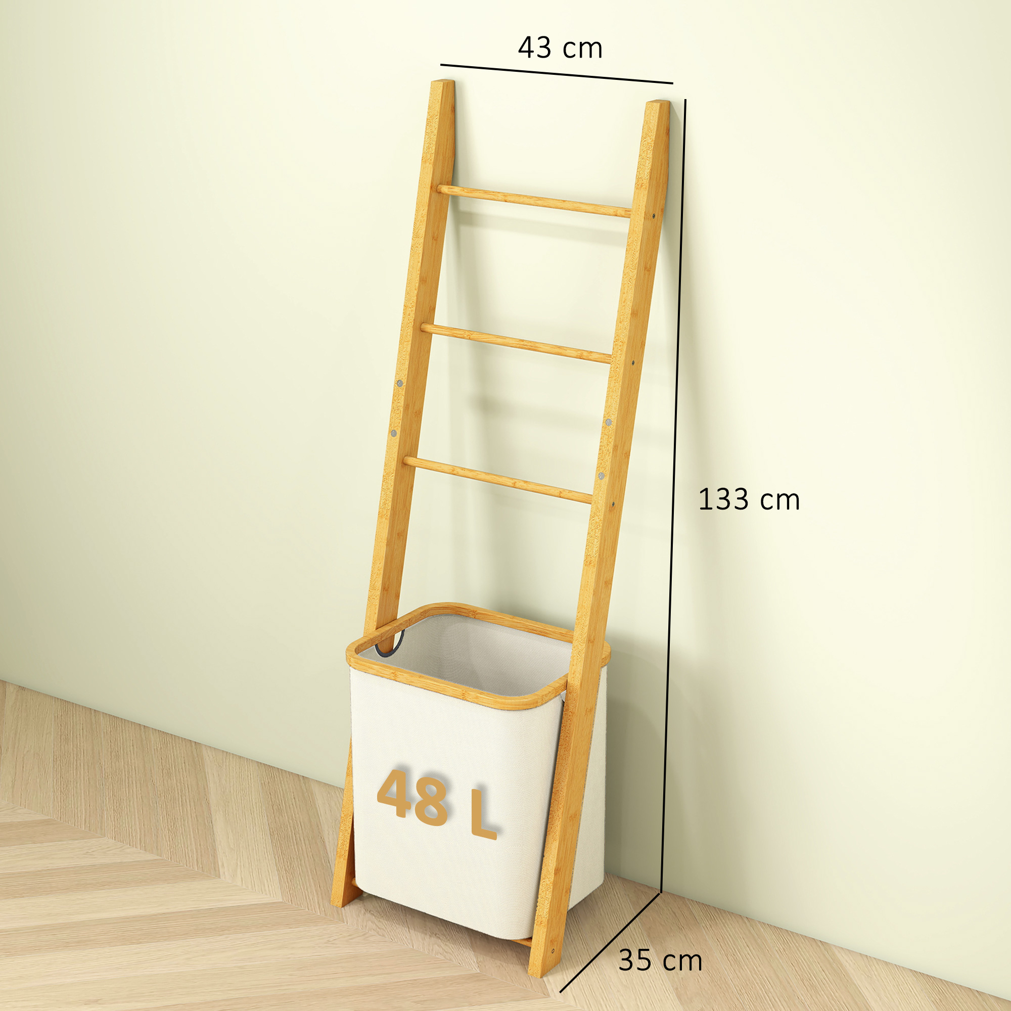 Badregal, 2-in-1 Badezimmerregal mit 3 Stangen, abnehmbarer 48L-Wäschekorb, Bambus, 43 x 35 x 133 cm, Cremeweiß
