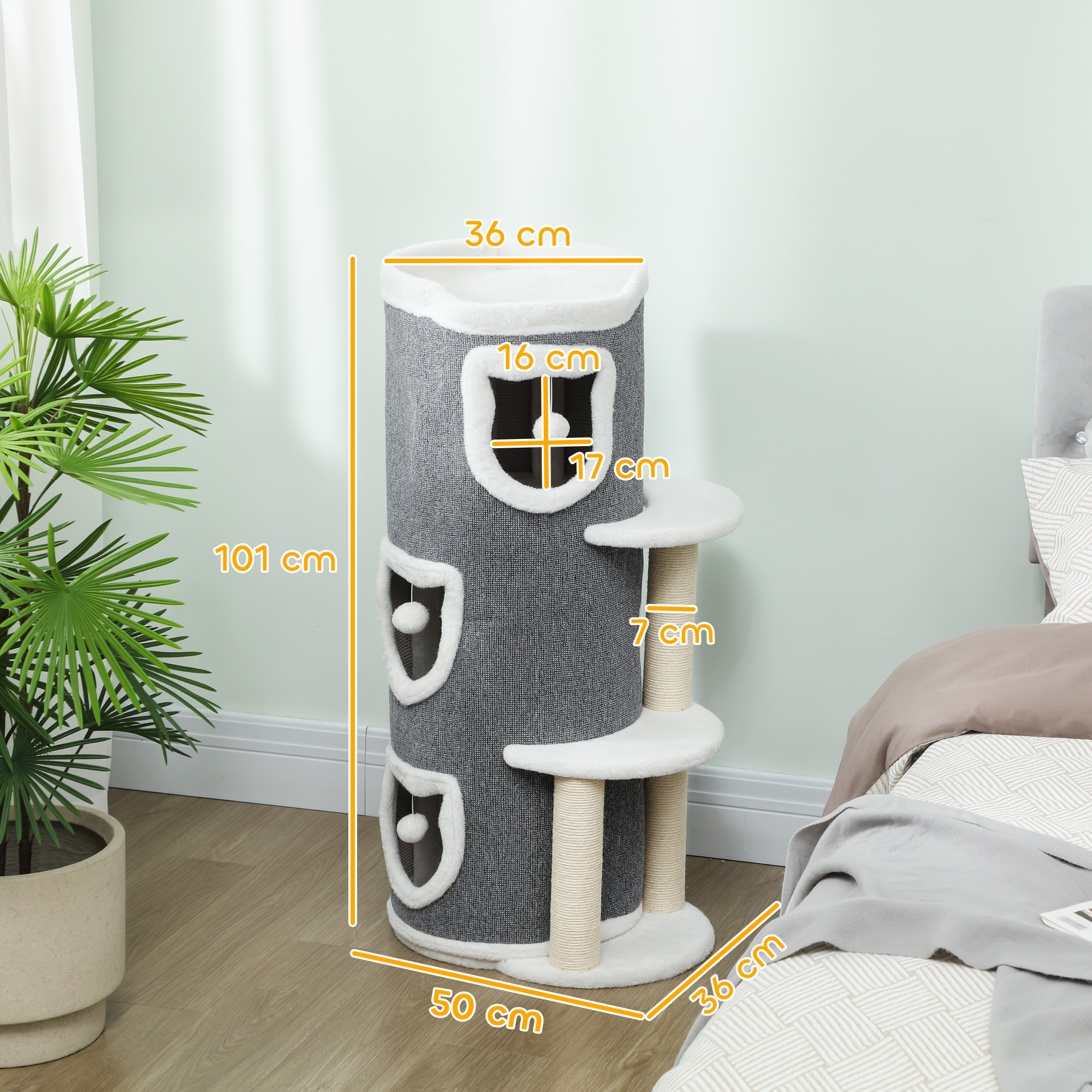 101 cm Katzenturm, 3 Ebenen, 3 Schlafhöhlen, Spielbälle, Kratzpfosten, Sisal, Spanplatte, Grau