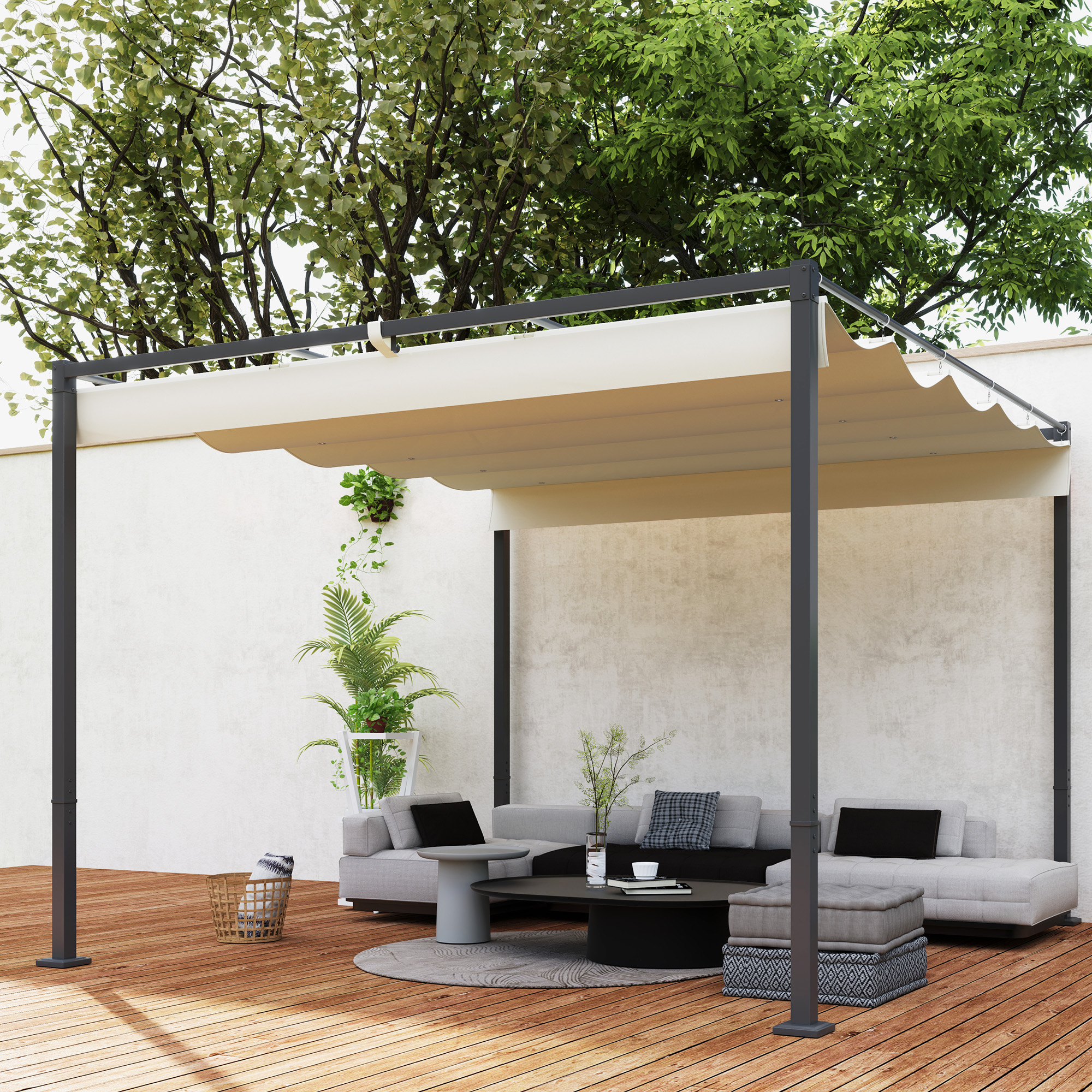 3 x 3 m Garten-Pergola mit einziehbarem Dach, Pavillon, Baldachin für Schatten, UPF30+, Beige
