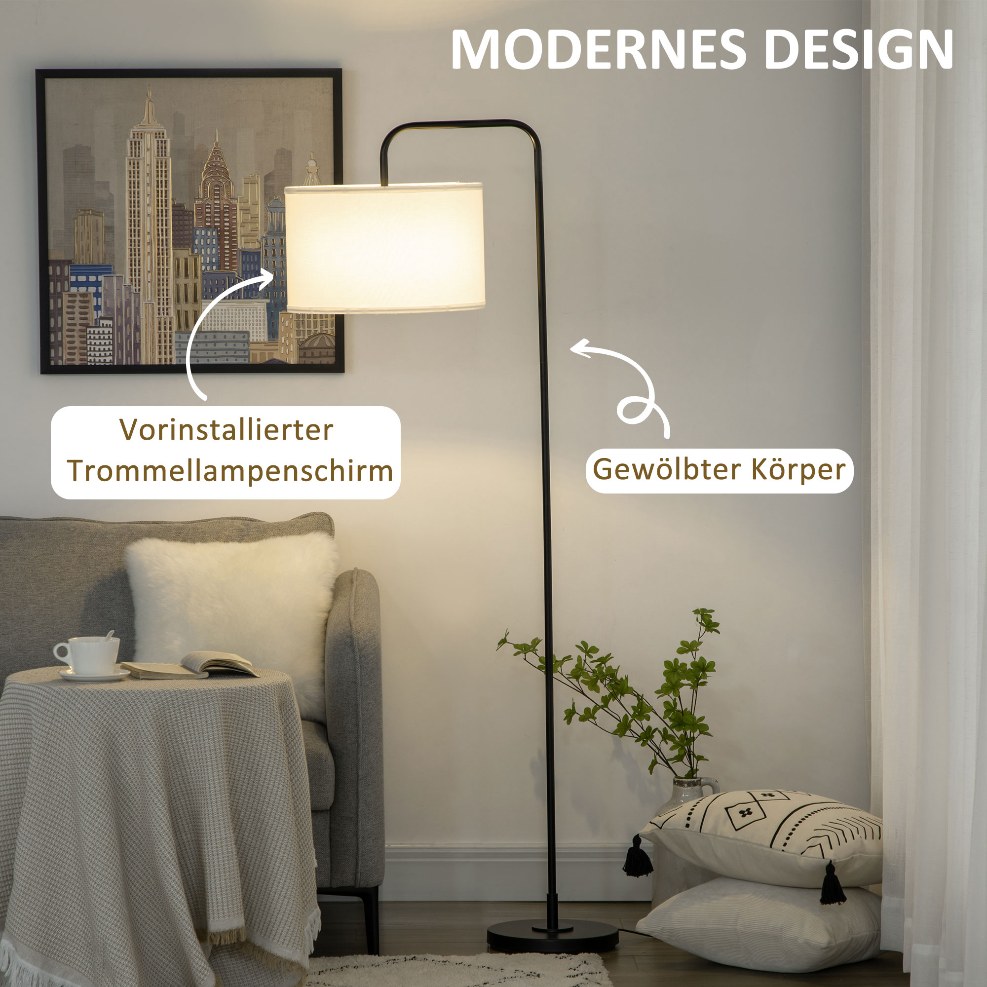 Stehlampe mit Fußschalter, Bodenlampe mit Stoffschirm, Stahl, Weiß