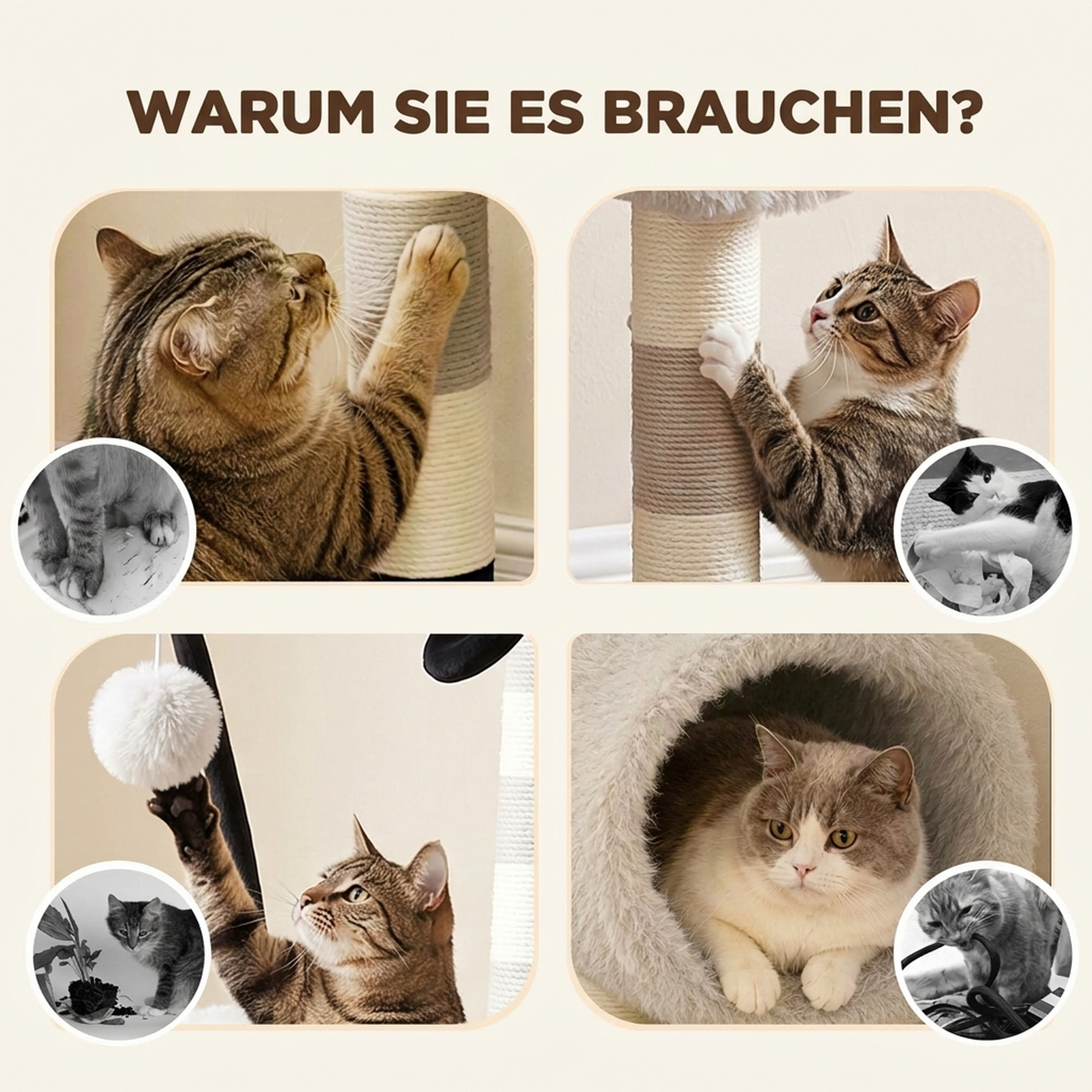 Katzenbaum im Schaf-Design, mit Kratzpfosten, Tunnel und Spielzeug, 98 cm, Hellgrau