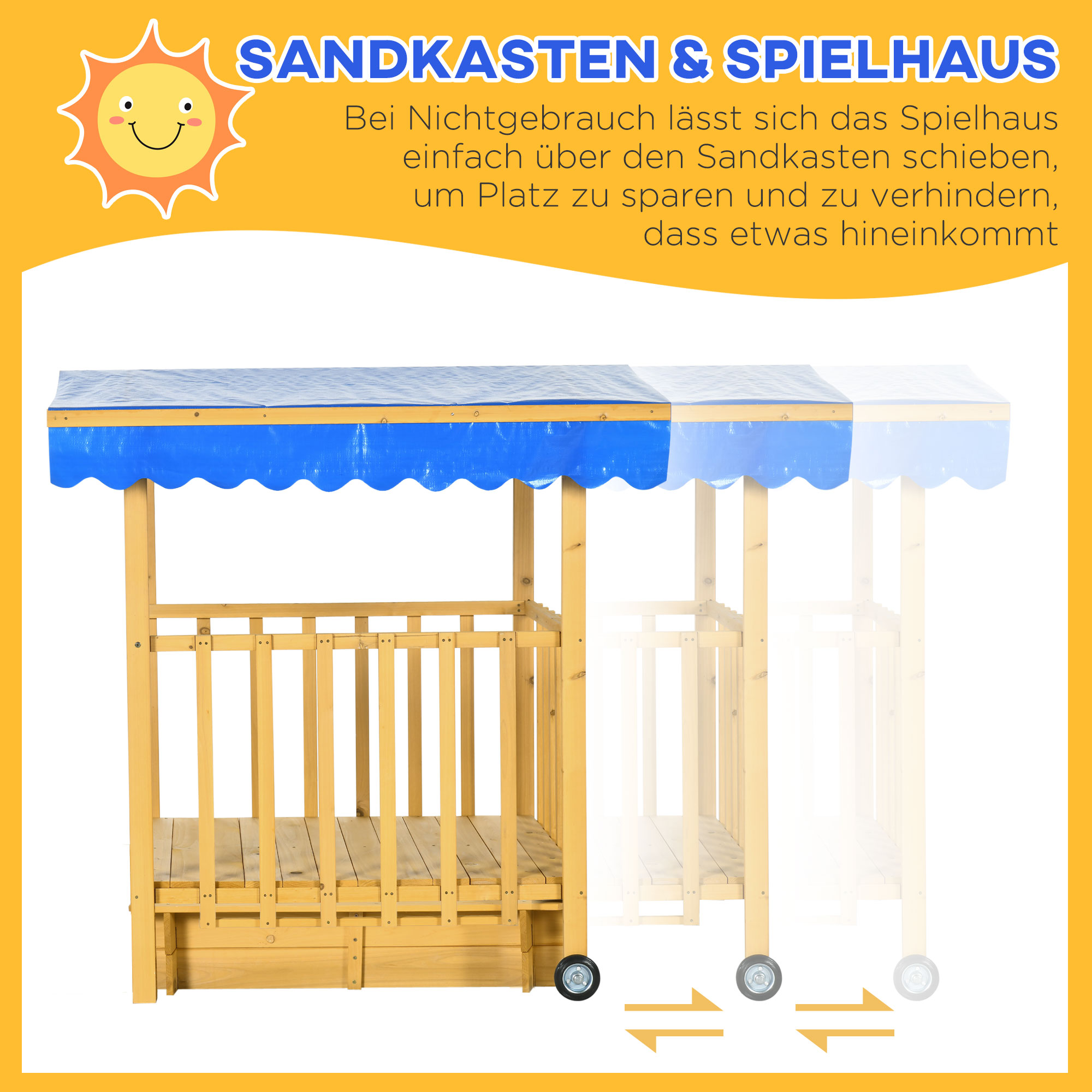 Sandkasten Sandkasten mit Spielhaus Sandkasten mit Dach, 133 x 129 x 137, 5 cm, Natur + Blau