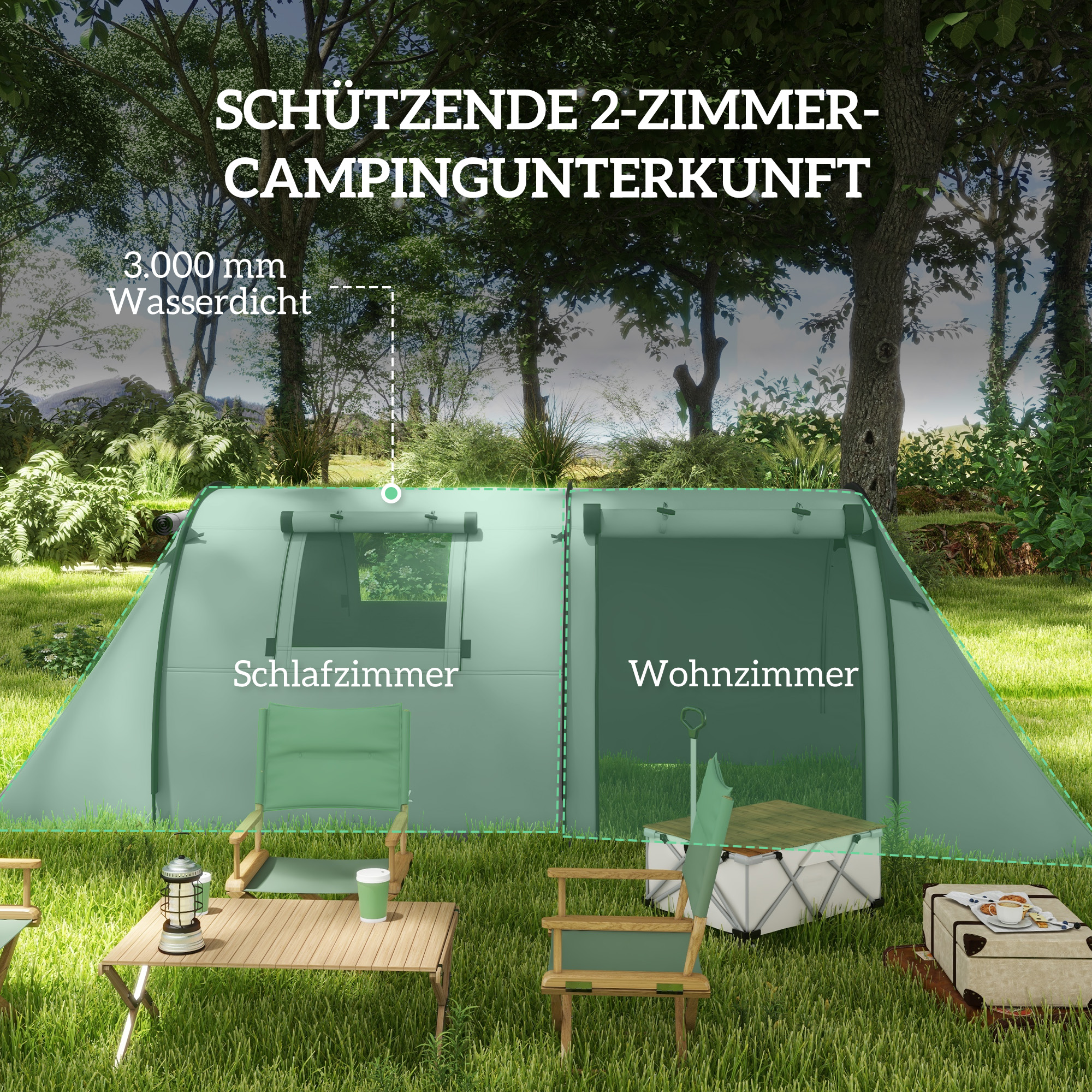 Campingzelt für 3-4 Personen stabil wasserdicht Familienzelt mit Schlafzimmer Wohnzimmer 3000mm Wassersäule Grau