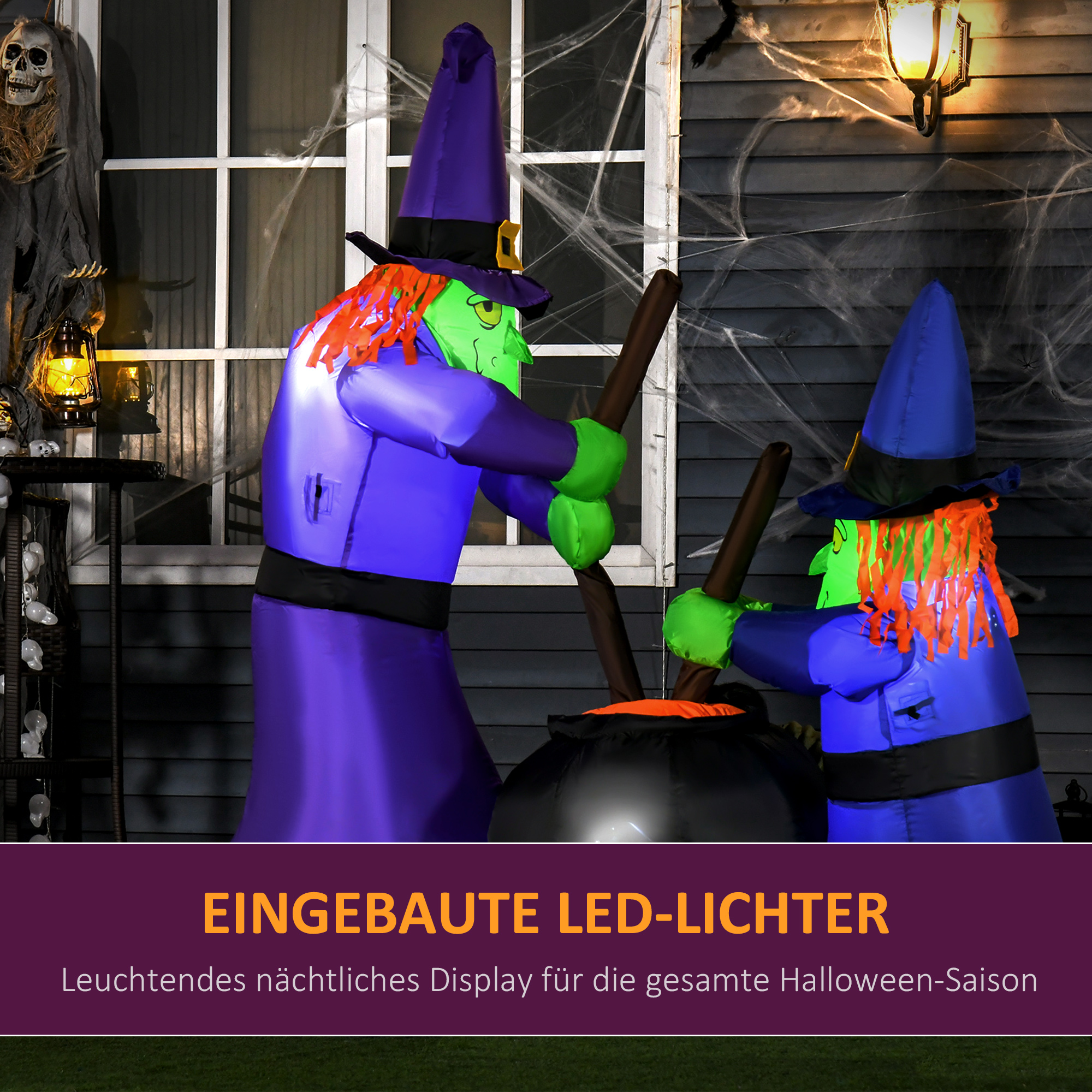 aufblasbare Hexen Hexenkessel Figur Luftfigur Halloween Deko mit LED Beleuchtung, Polyester, 170x60x180cm
