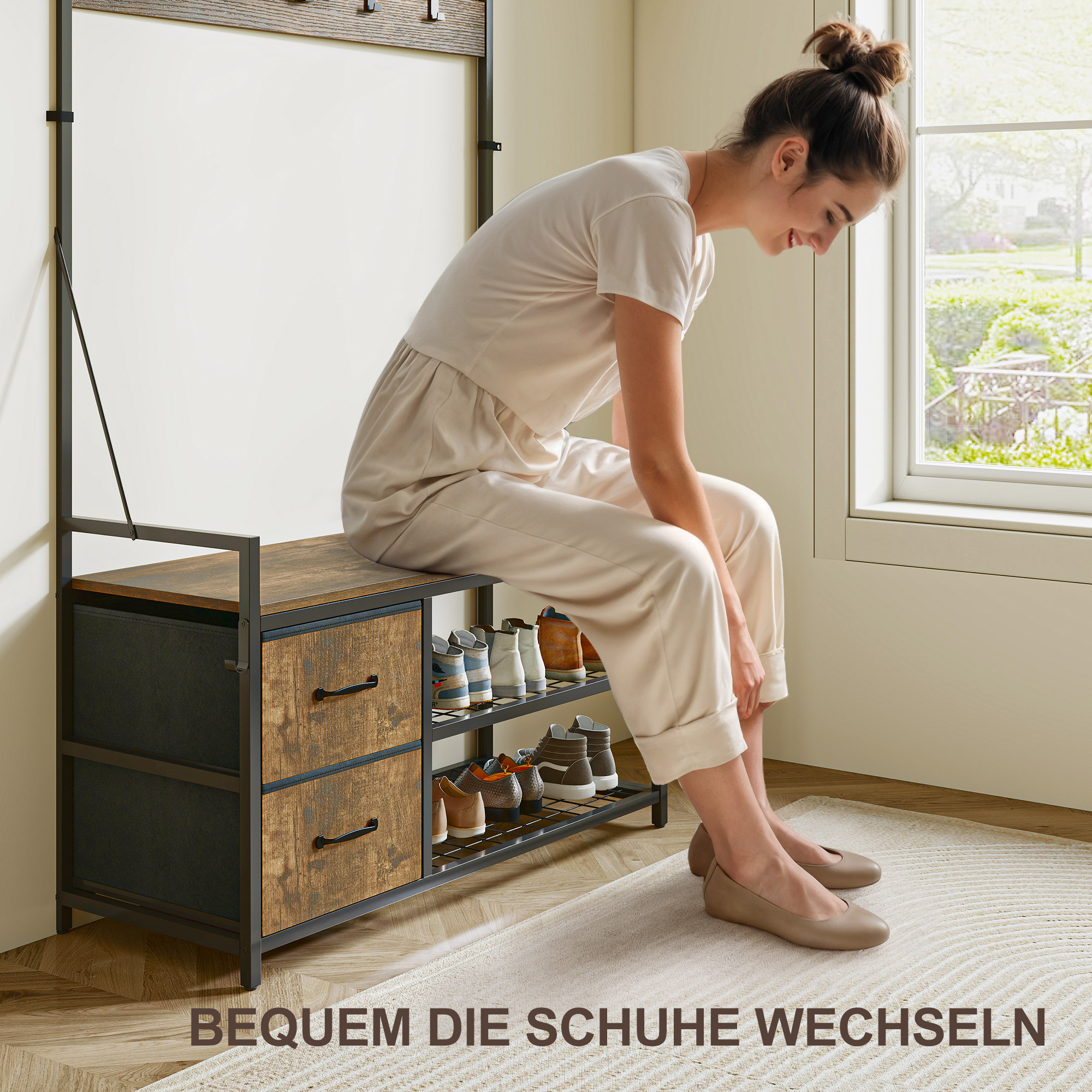 6-in-1 Garderobenständer mit Sitzbank und Schuhregal, Industrie-Stil, 10 Haken, 2 Stoffschubladen, Metall, Braun