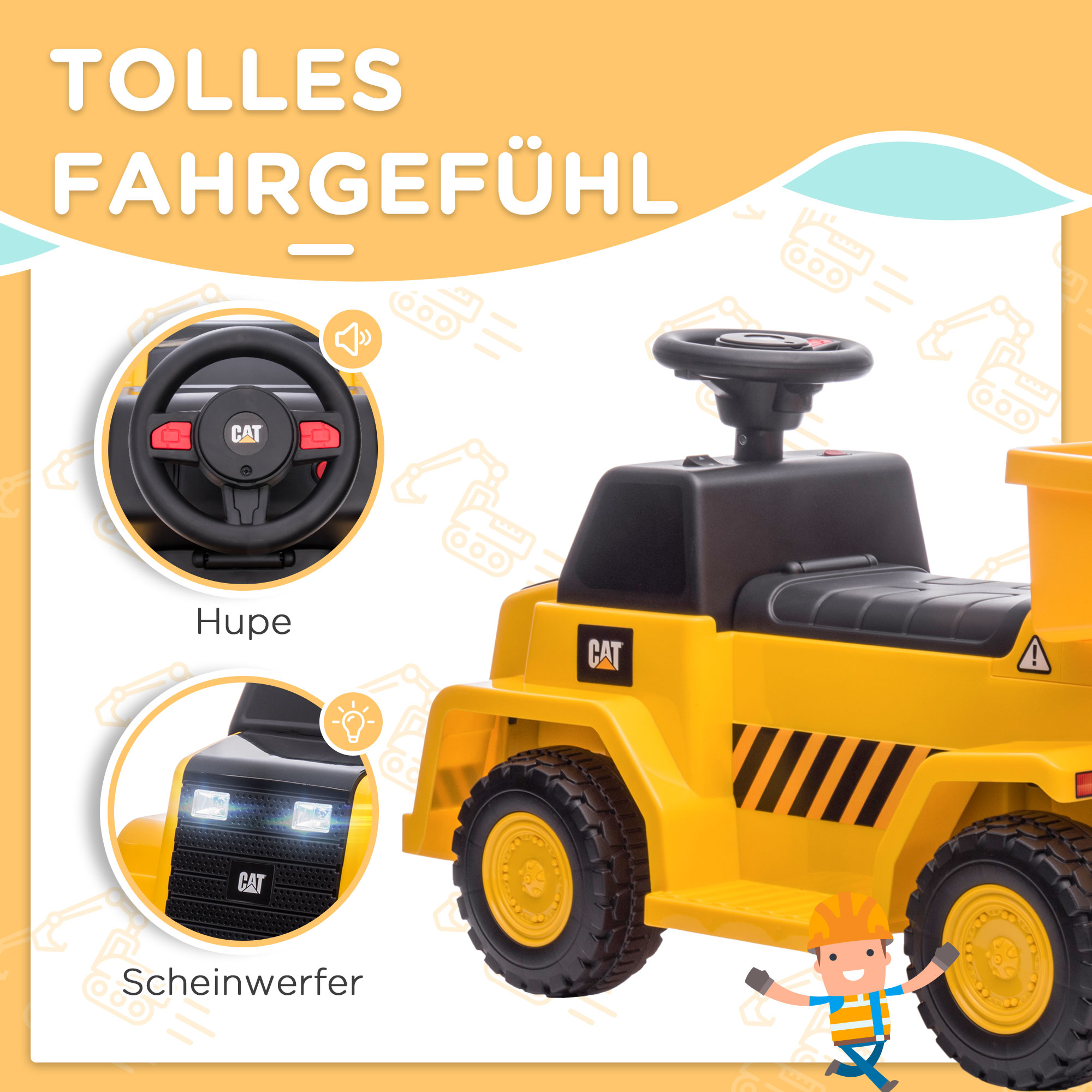 Elektro-Kipplaster für Kinder, kippbare Ladefläche, max. 3 km/h, Scheinwerfer, Hupe, gelb, 74,5 x 36 x 43,5 cm