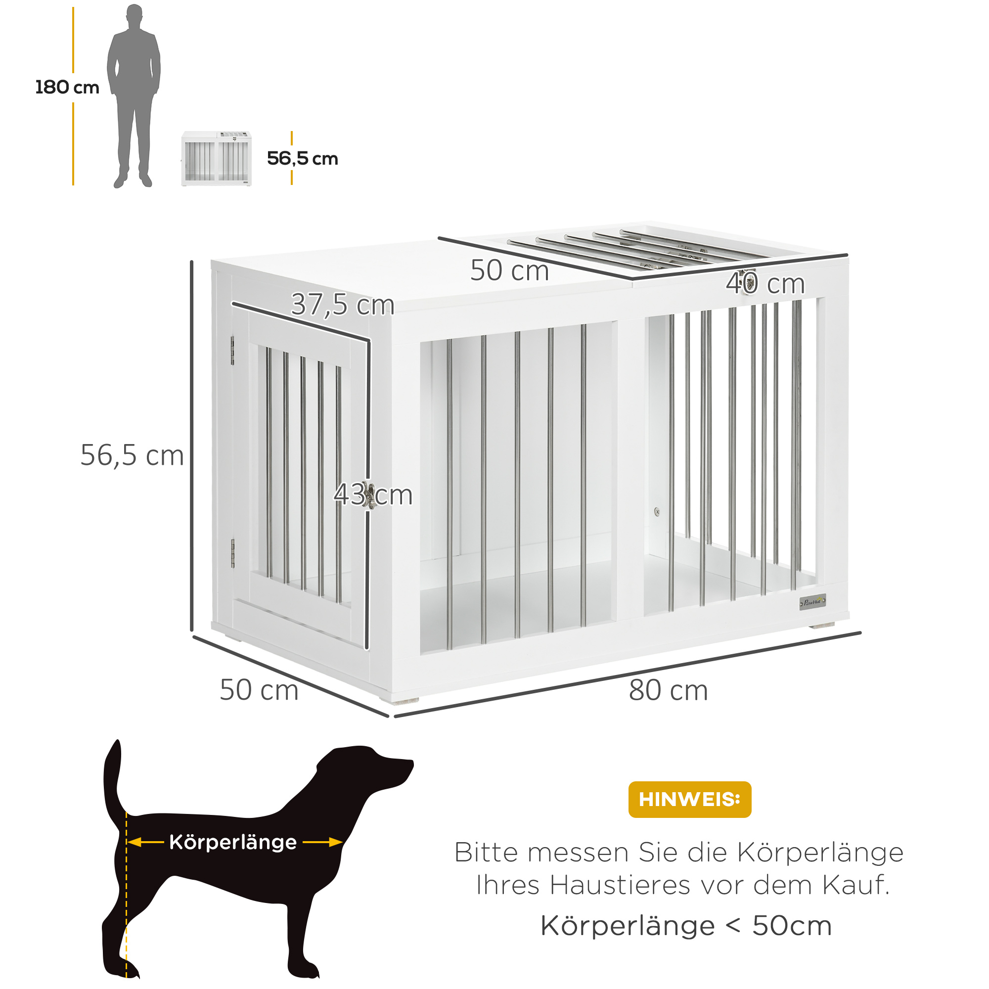 Hundekäfig mit 2 Türen, Hundebox, verriegelbar, Stahlgitter, 80 cm x 50 cm x 56,5 cm, Weiß + Silber