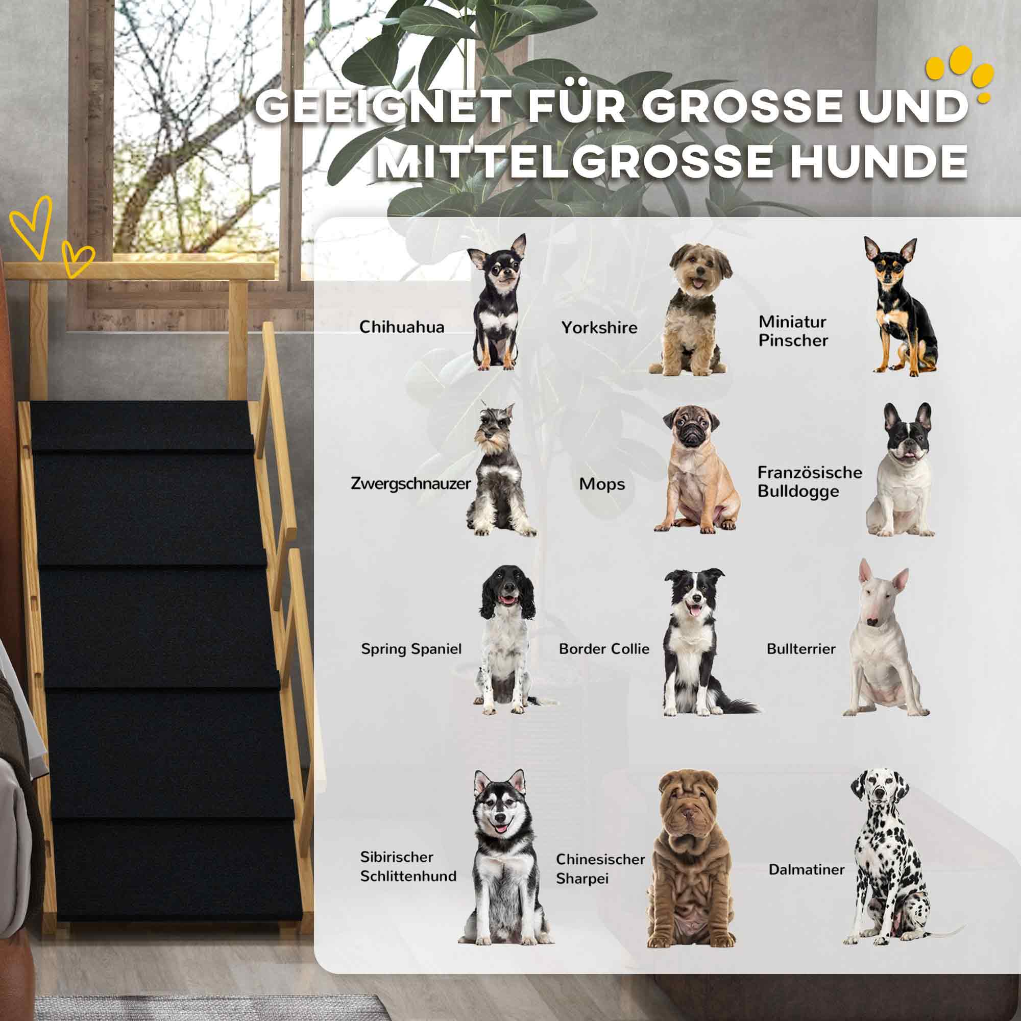 Hunderampe, höhenverstellbar, klappbar, Geländer, für Hunde bis 40kg, Holzrahmen, 85 x 40 x 61 cm, Schwarz