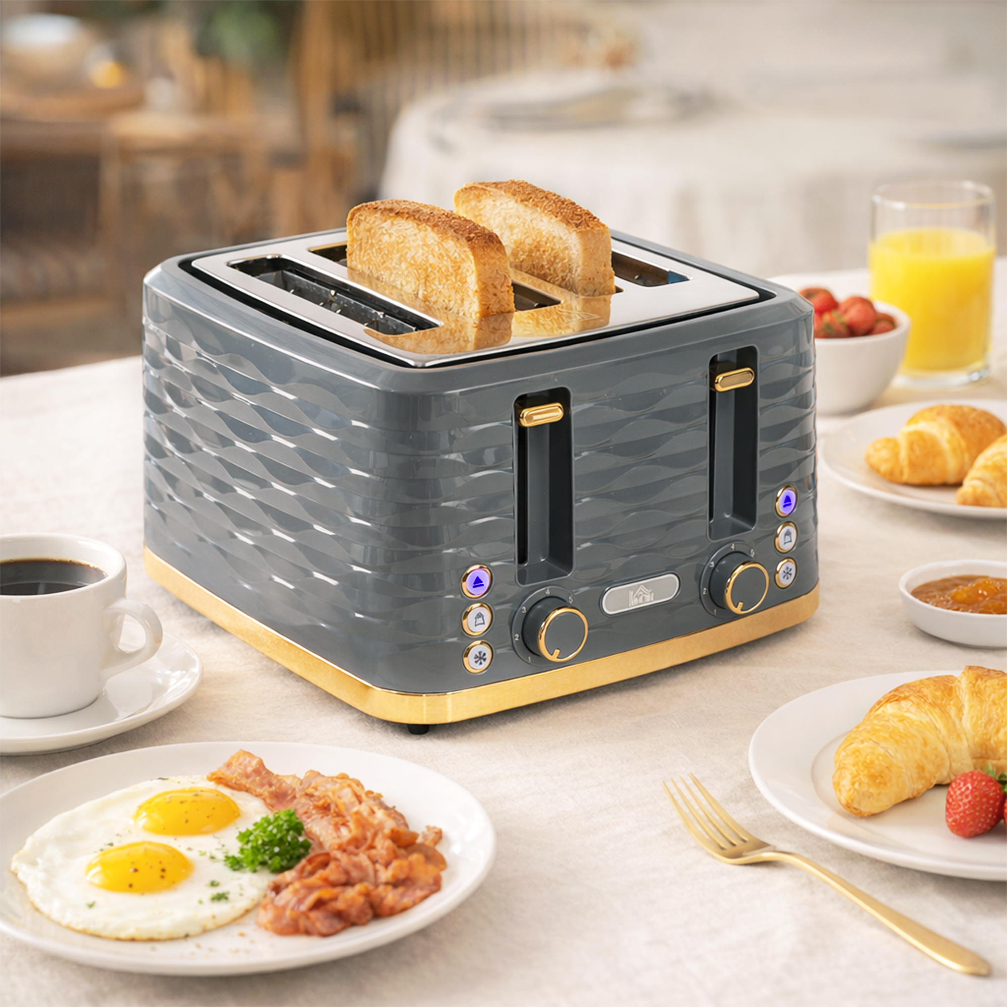 Toaster für 4 Scheiben mit 7 Bräunungsstufen, High-Lift, Aufwärm-/Auftau-/Abbruchs-Funktion, Graue Wellenoptik