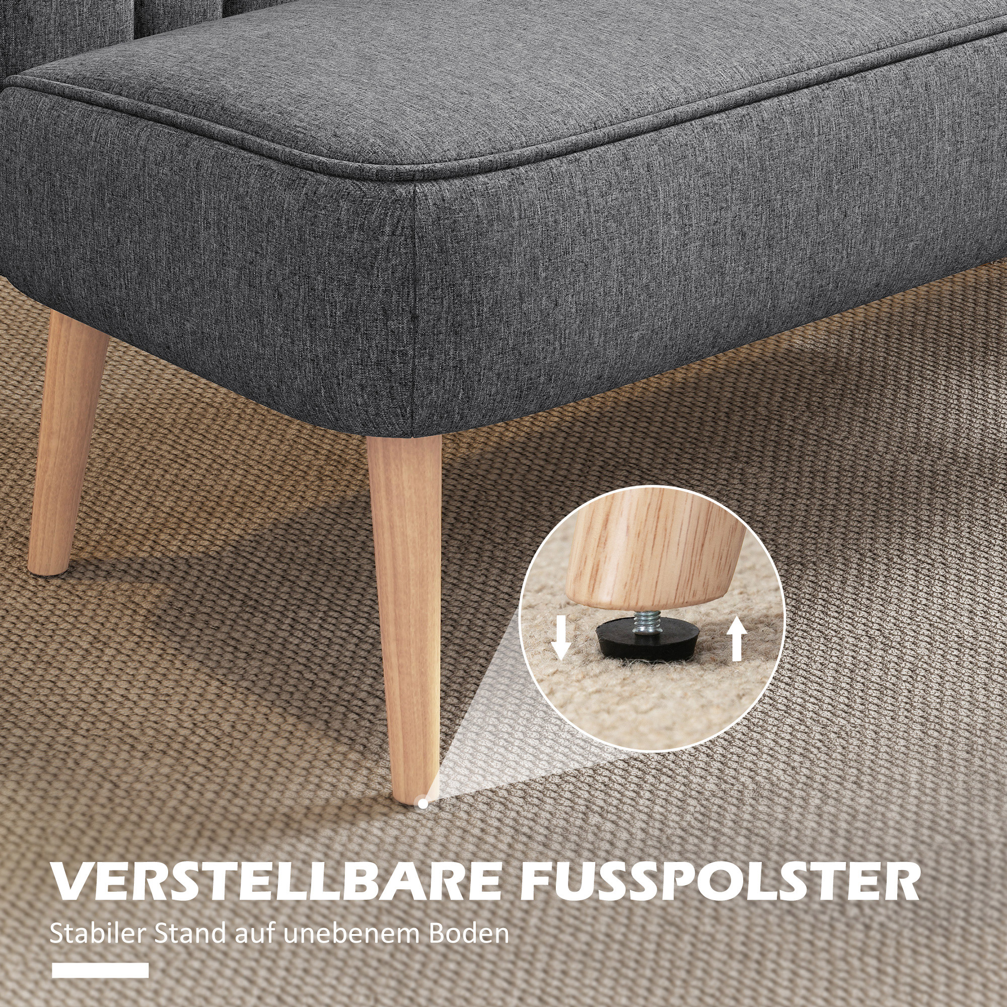 Sofa 2 Sitzer, Polstersofa Leinenoptik, Holzrahmen, Für Wohnzimmer Schlafzimmer, 117 cm, Grau